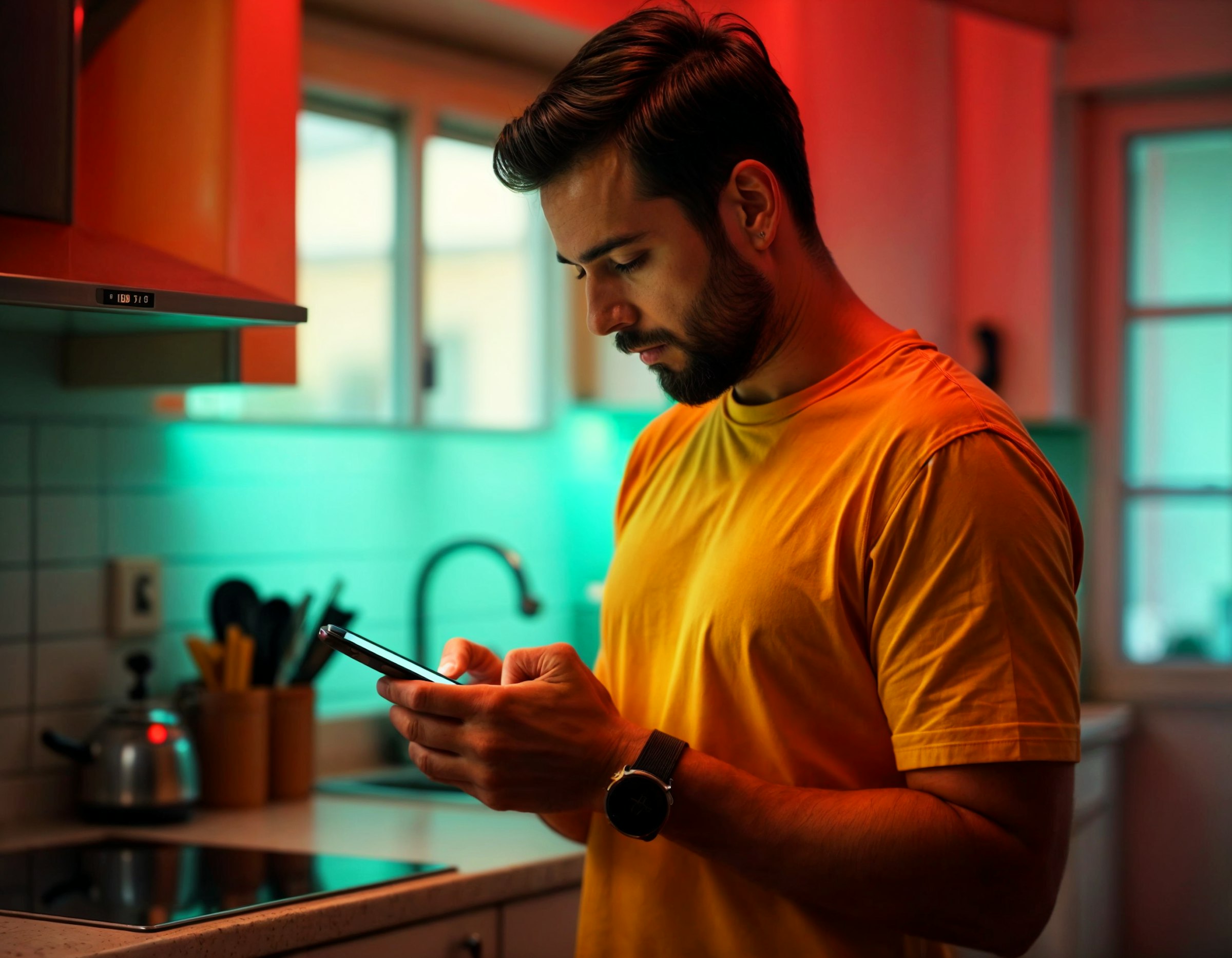  Man in Kitchen with Smartphone Man in a yellow shirt using smartphone in a modern kitchen with colorful lighting.