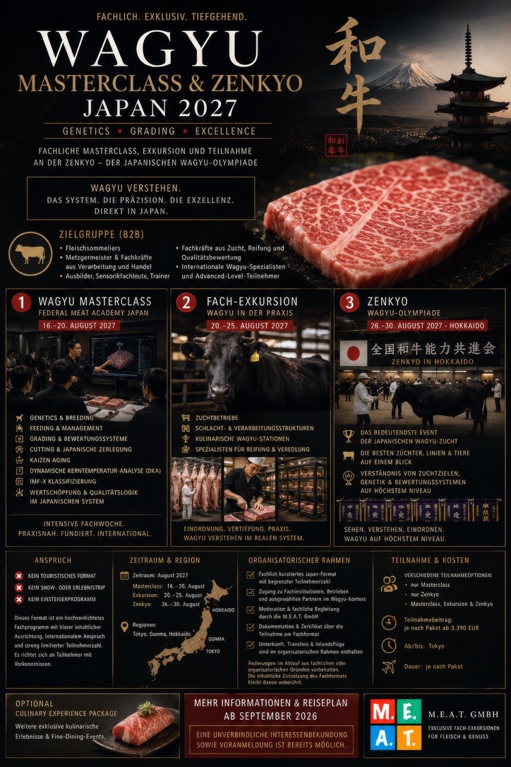 Reiseplan zur Wagyu Masterclass, Fach-Exkursion und Zenkyo Japan 2027