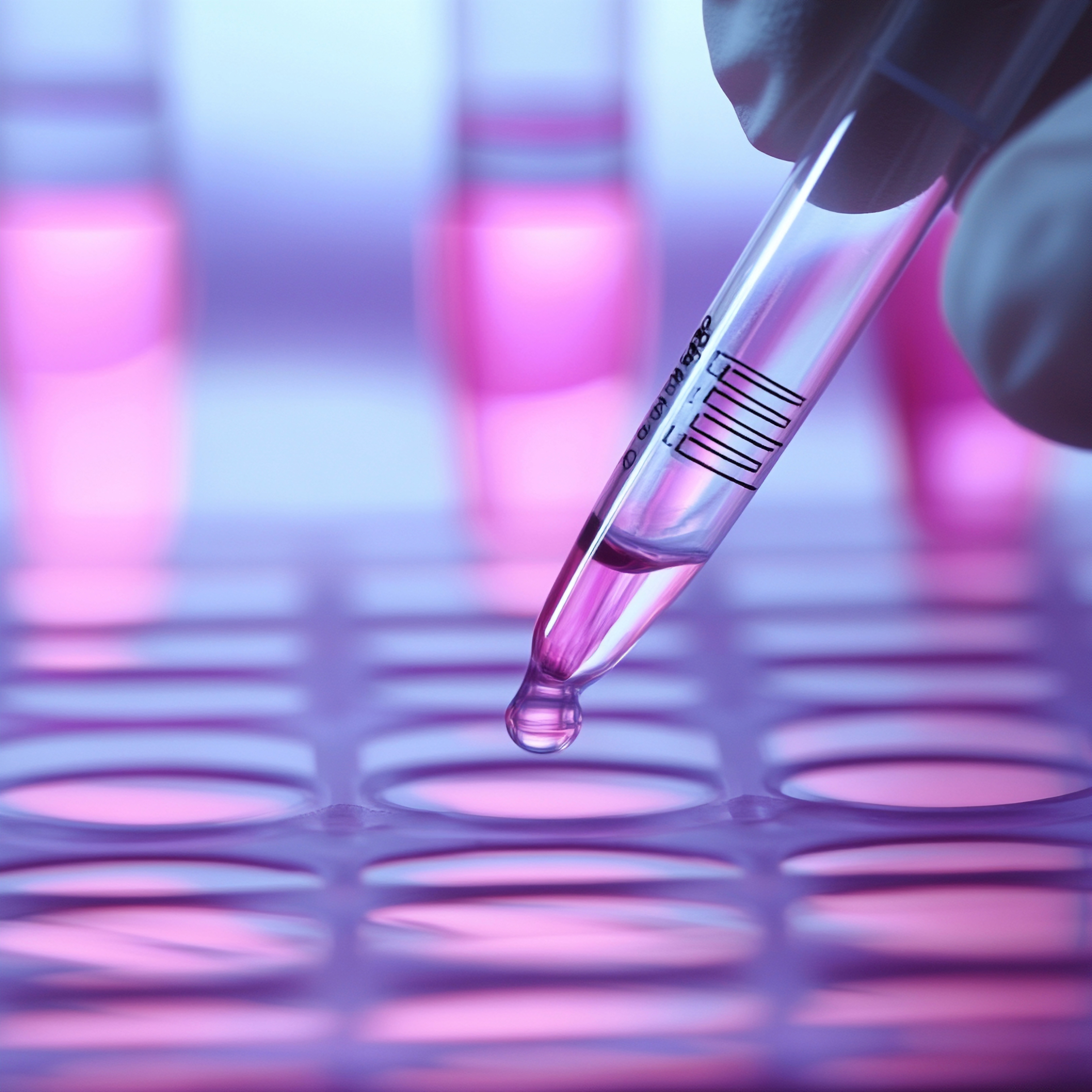 Close-up of a hand using a pipette to extract liquid from a tube in a laboratory.