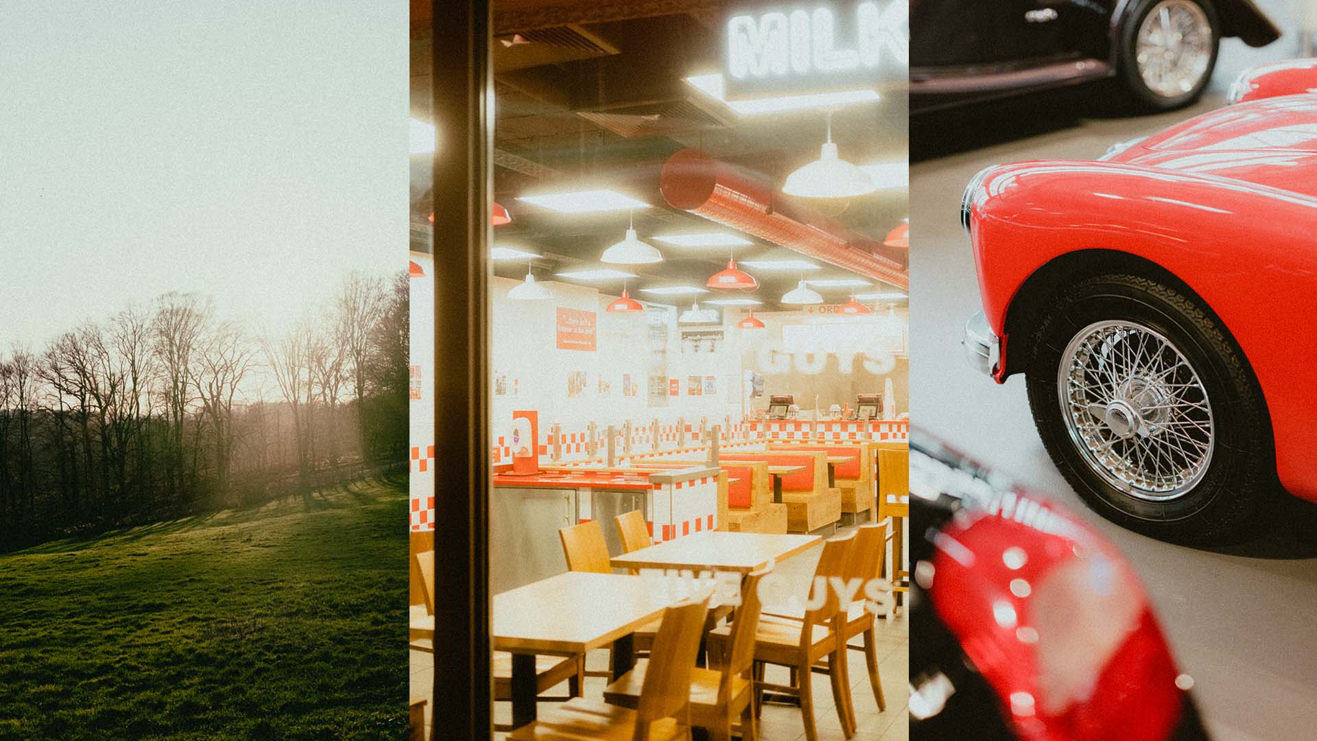 Three vertical images of a sunset over a field, interior of a burger restaurant, and a red car