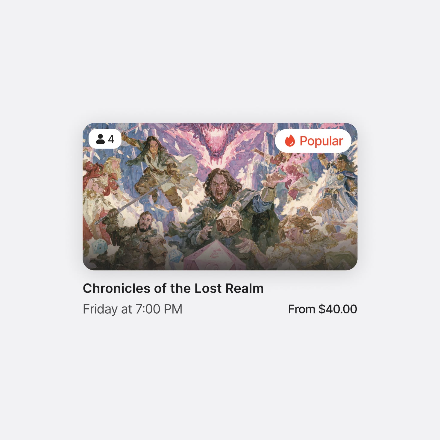 Chronicles of the Lost Realm event card, popular, with art. Friday at 7 PM. Starting from $40.00.