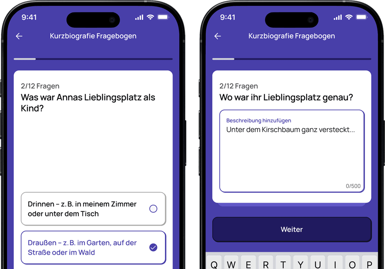 ein Screenshot aus der App, der zwei Screens des Frageogens zeigt