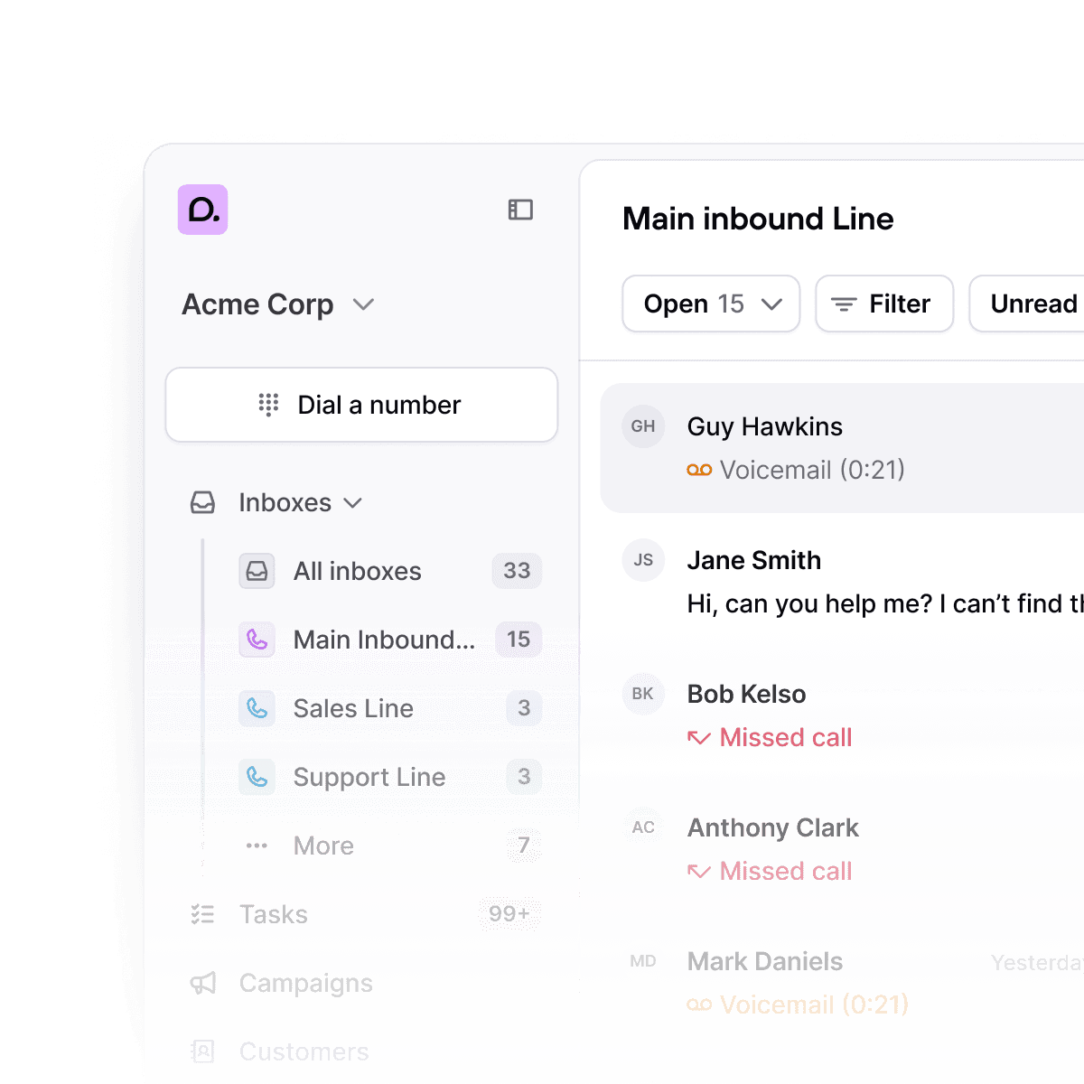 Consio's inbound call history filtered by AI agent Jessica, showing after-hours and live calls handled automatically, with caller names, timestamps, and call status for each interaction.