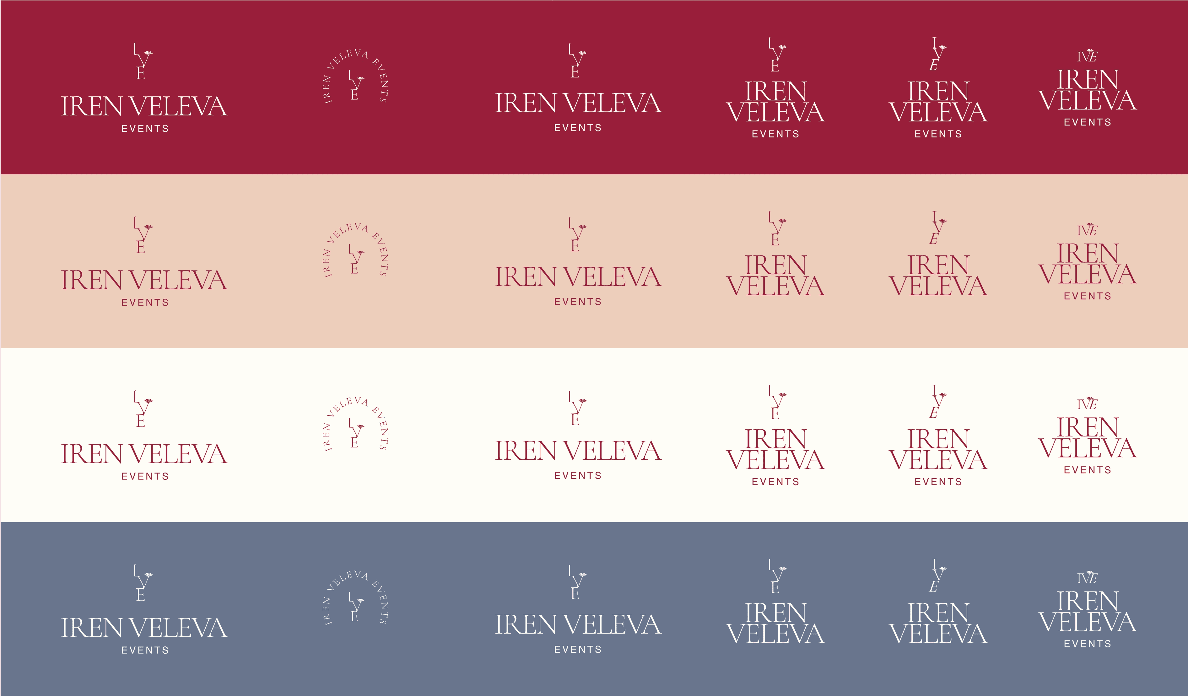 Третата версия на логото за Iren Veleva Events показва монограм “I–V–E”, изграден от фина серифна композиция, представен в хоризонтални, вертикални и кръгови варианти. Тази концепция тества премиум визия с по-силно редакционно усещане и разнообразни цветови палитри като част от процеса по изграждане на бранд идентичност.