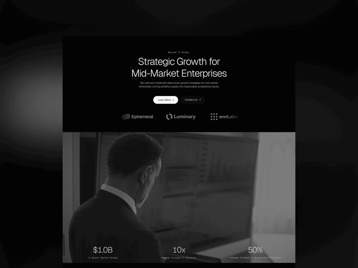Optima Advisory Framer consulting template with a monochrome corporate homepage