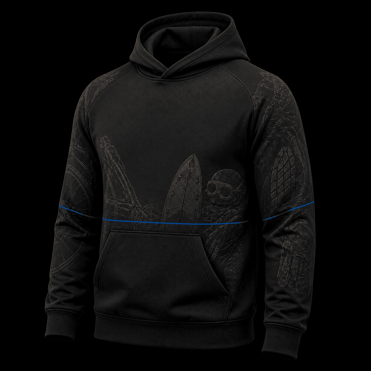 Black technical hoodie concept with subtle engraved seven-sport equipment illustrations and a thin cyan route line.