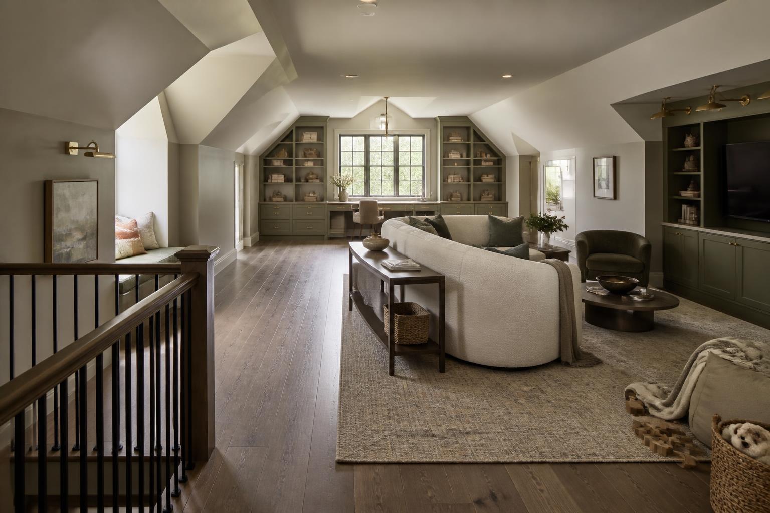 Spacious modern attic living room with vaulted ceilings, built-in shelving, home office desk, curved white sofa, dark wood floors, and large window in a luxury interior design.