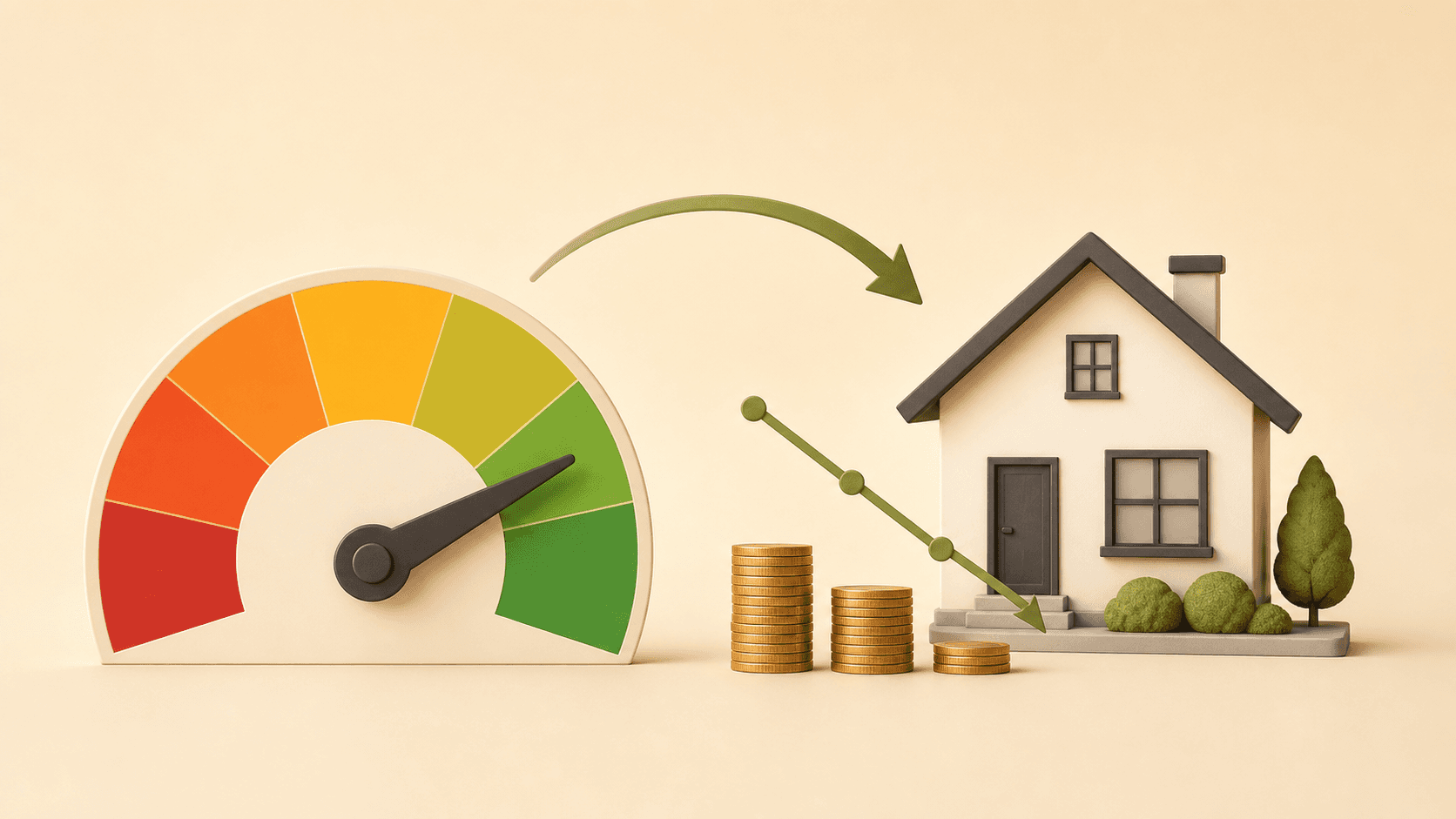 A clean, modern flat design illustration showing a credit score gauge or dial on the left side with a needle pointing toward the high end, connected by a smooth curved arrow to a house with a downward-trending cost graph on the right side. The gauge transitions from red at the low end to green at the high end. The house has a small coin stack beside it that shrinks as the score goes up, symbolizing lower mortgage costs with a higher credit score. Warm neutral background, minimal financial iconography, no text, no words, no letters, no numbers.