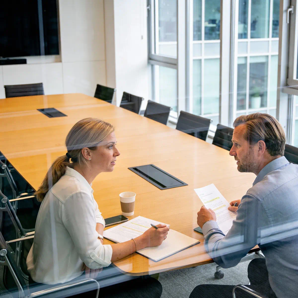 Account executive in verkennend gesprek met potentiële klant over eerste stap in salestraject.