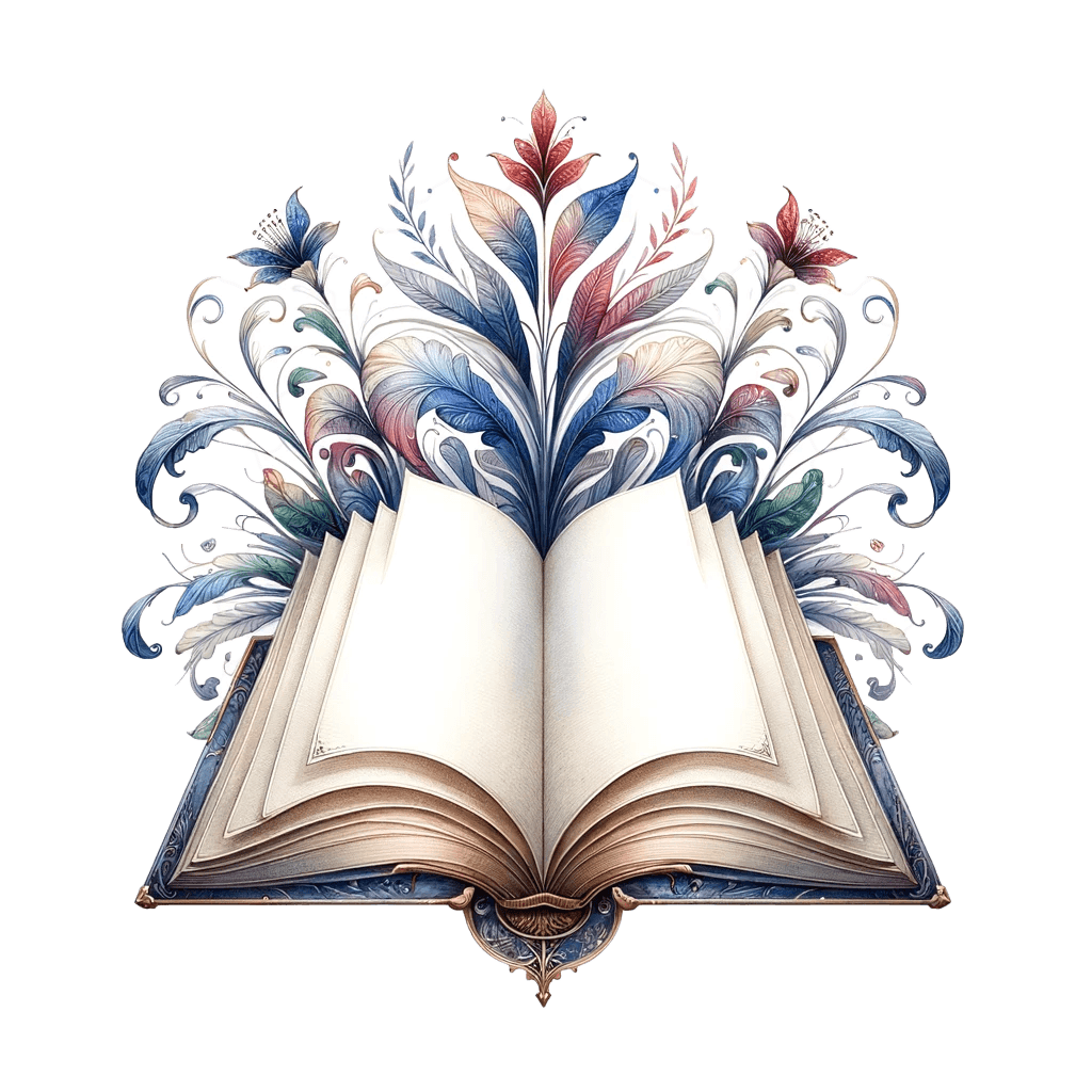 A watercolour of an open book with a floral motif.