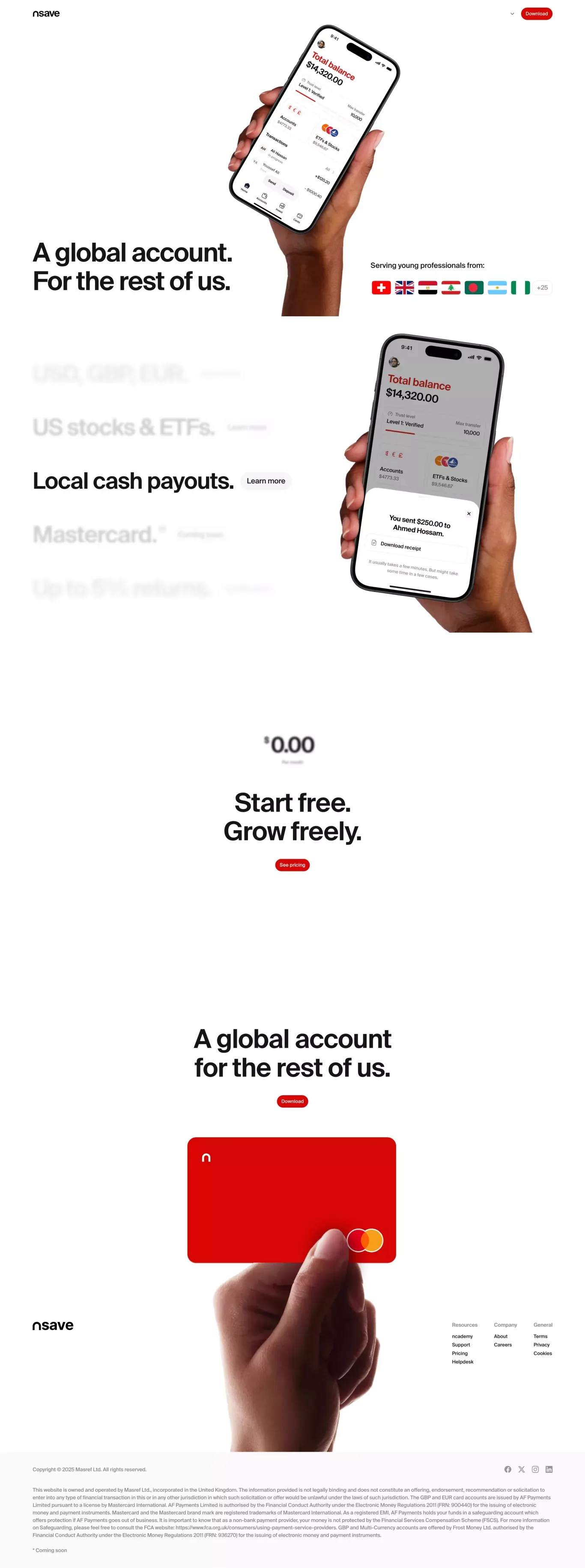 nsave - A Global Account for the Rest of landing page screenshot showcasing Finance and Tech design