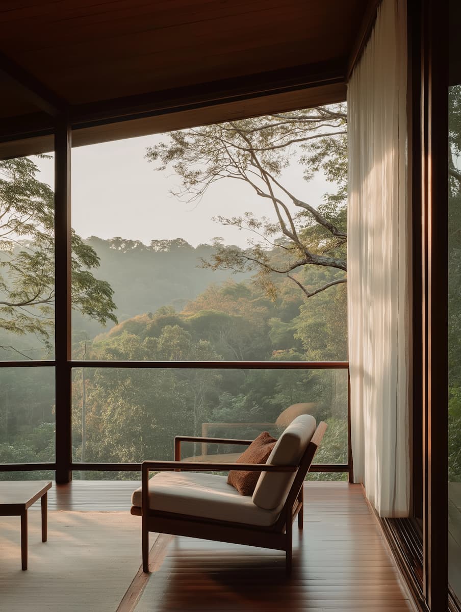 ein wohnraum in einem haus das in einem Wald steht