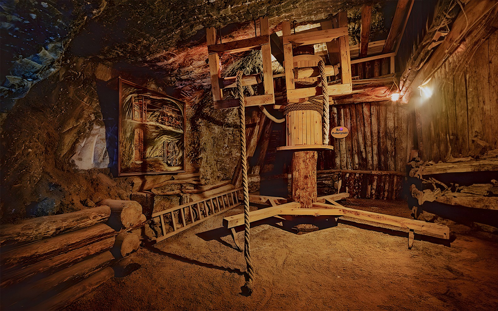Underground chamber with wooden structures in Bochnia Salt Mine, Poland.