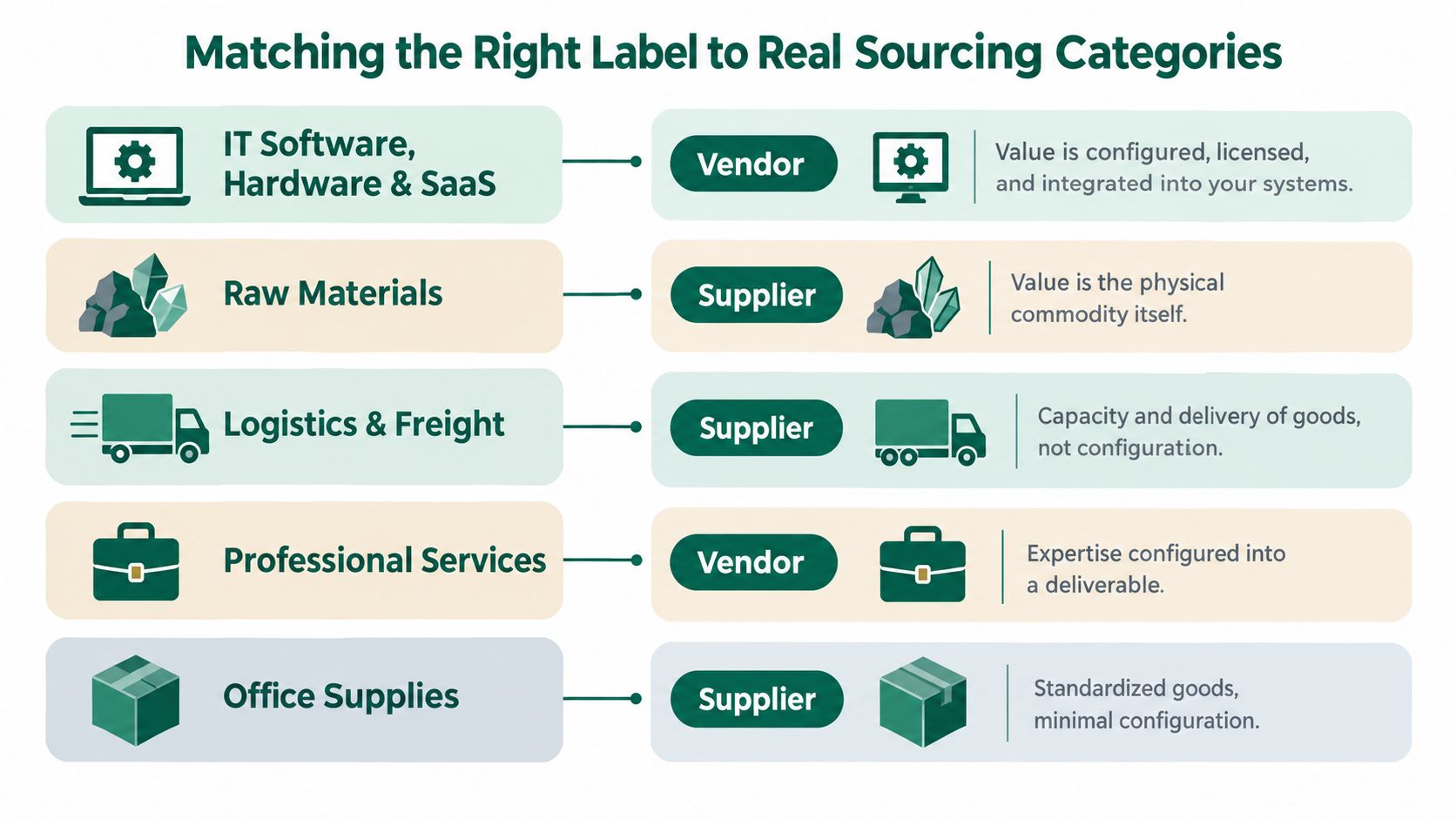 A chart comparing vendor and supplier categories based on the nature of value, configuration, and deliverables.