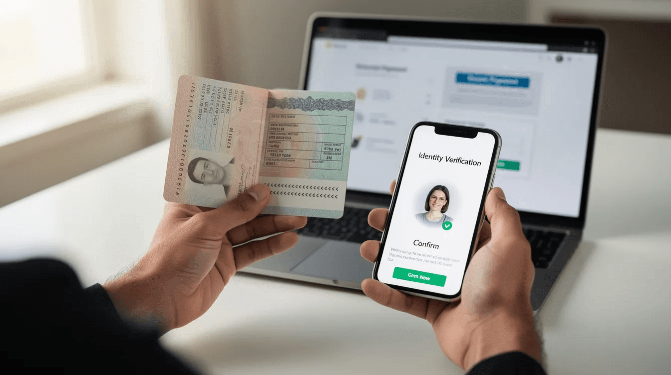 Person verifying identity with passport and smartphone during online transaction.