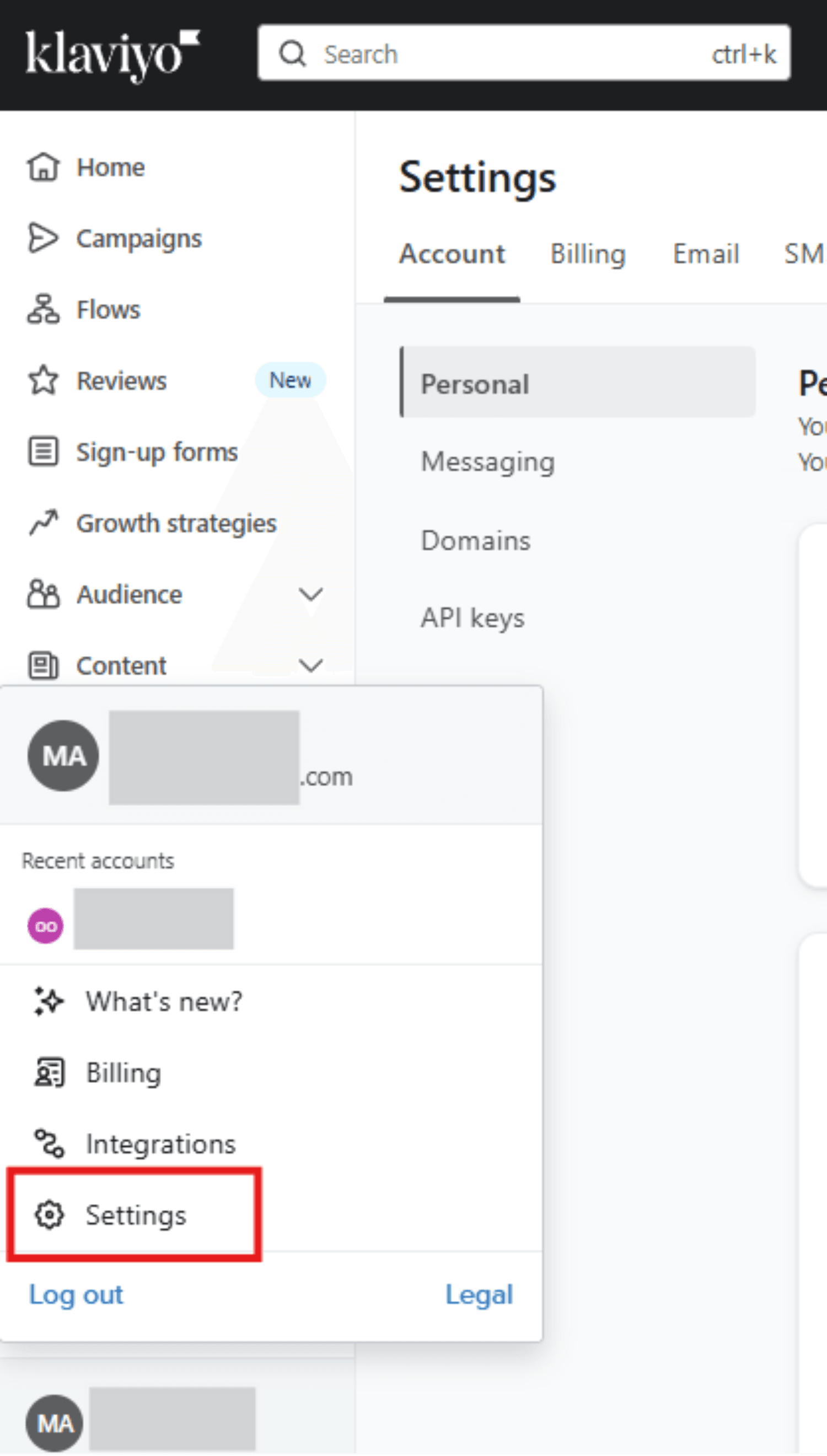 Klaviyo Setting Gear.png: Settings menu in Klaviyo, showing access to account settings, billing, domains, API keys, and personal preferences.