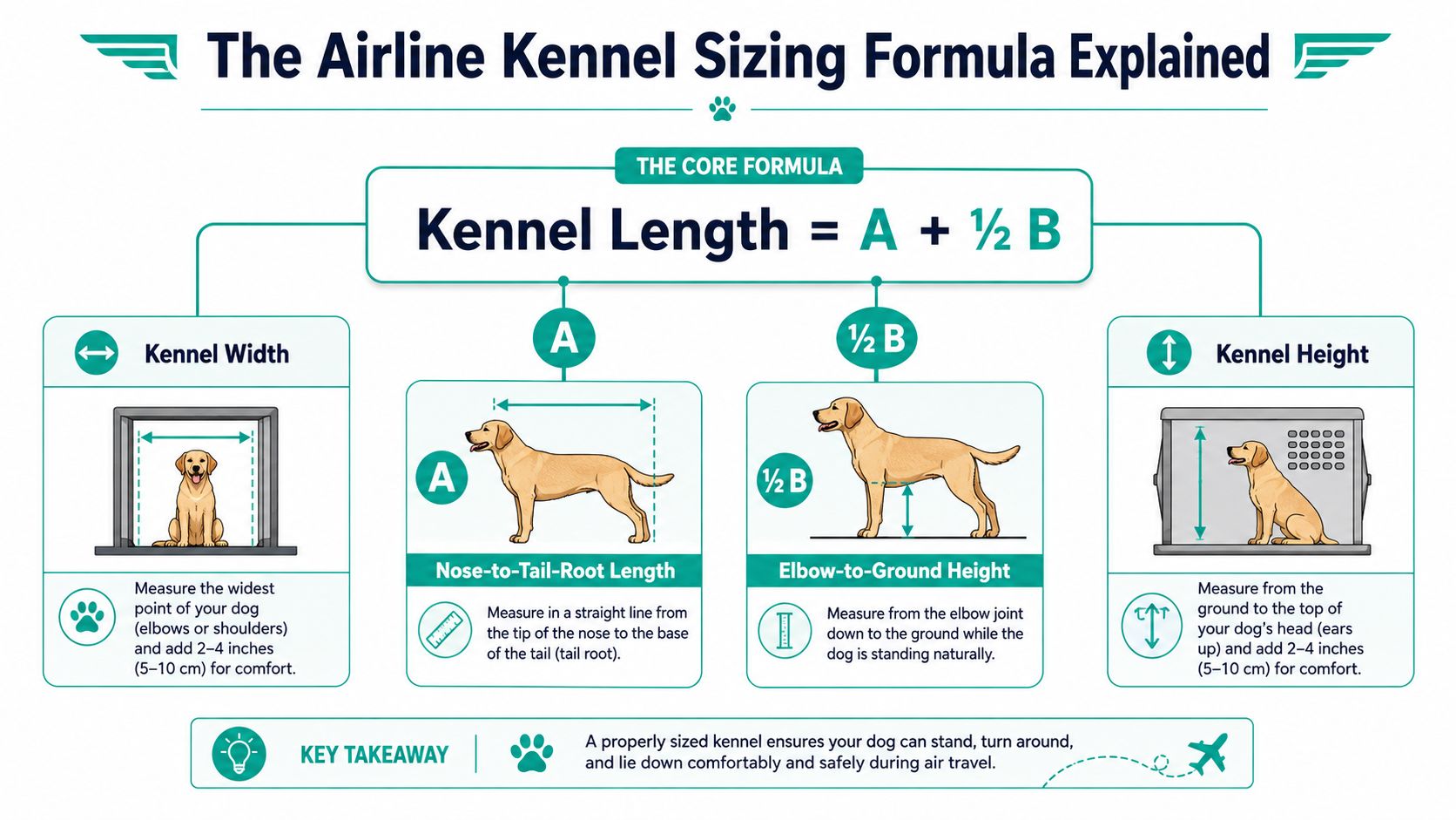 An infographic illustrating how to measure your dog to determine the correct airline kennel size dimensions.