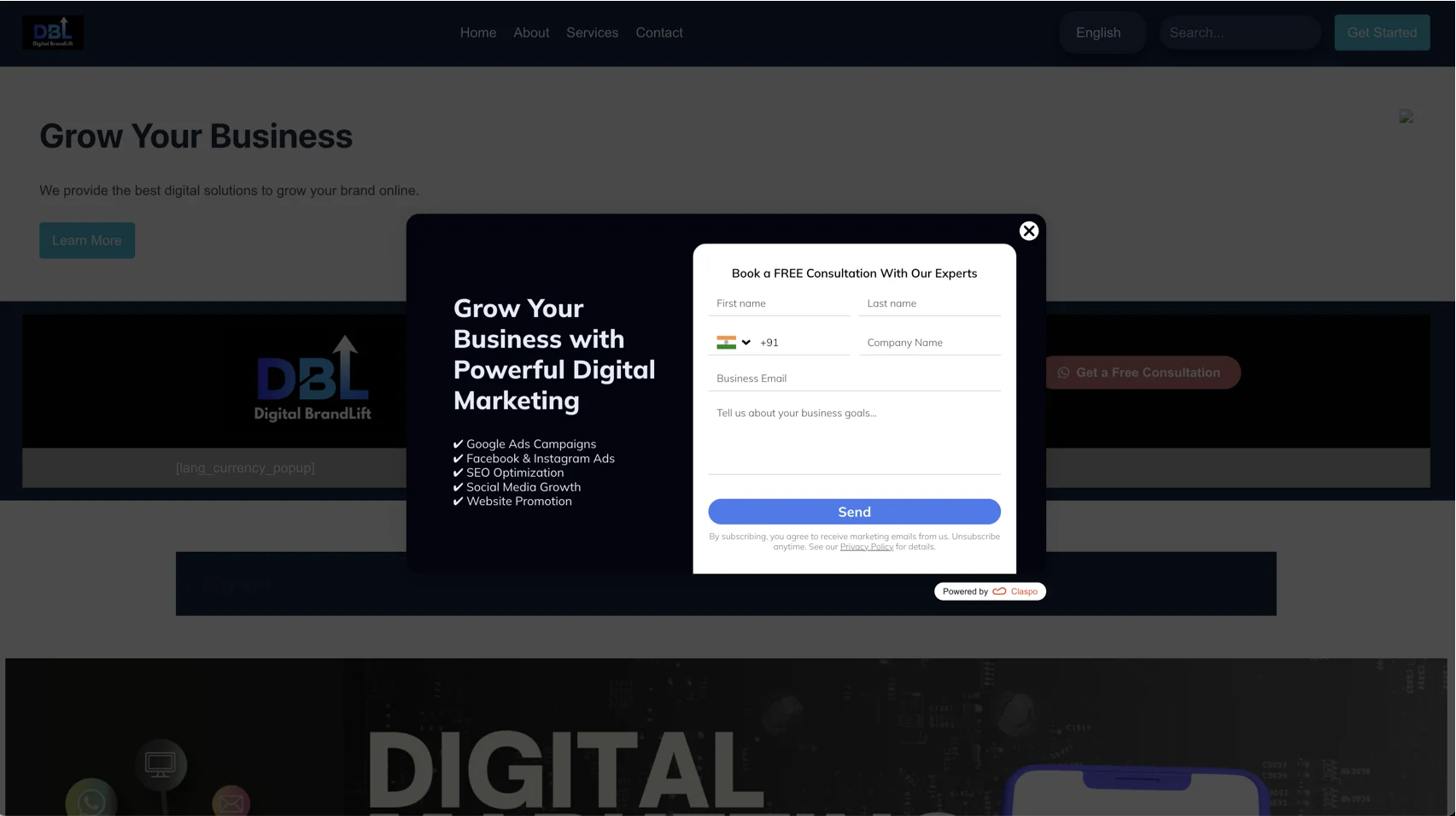 ALT: A centered service request and demo scheduling popup on the Digital BrandLift website, utilizing a split-panel layout with a multi-field business goals questionnaire