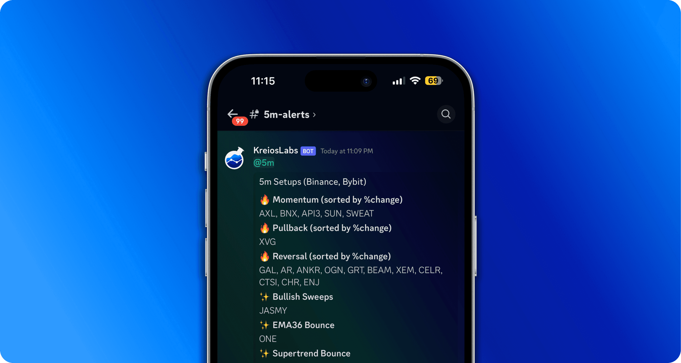 Phone screen showing Discord app where the KreiosLabs alerts feature is hosted