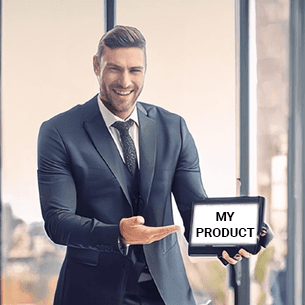 Salesperson is happy about showing his product to clients