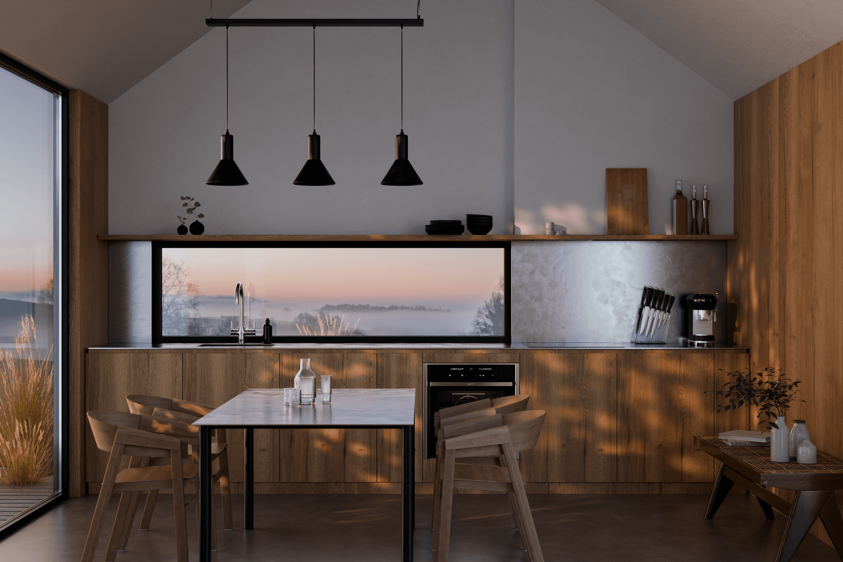 Rendu 3D cuisine ouverte aux inspirations scandinaves dans un gîte de campagne, vue sur paysage brumeux au coucher de soleil — Aure Moukala