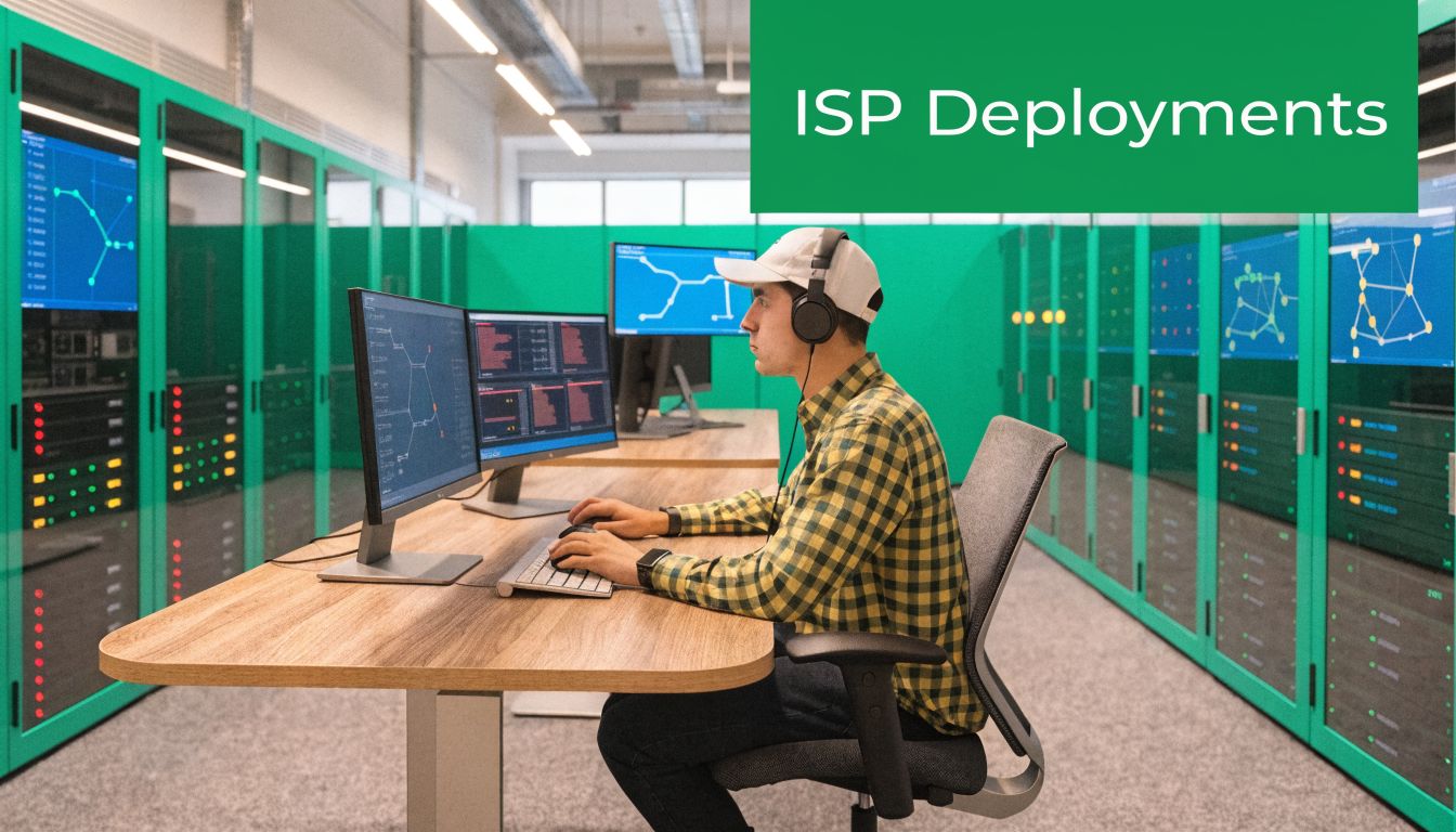 A technician wearing a headset works on server network configurations in a high tech data center environment.
