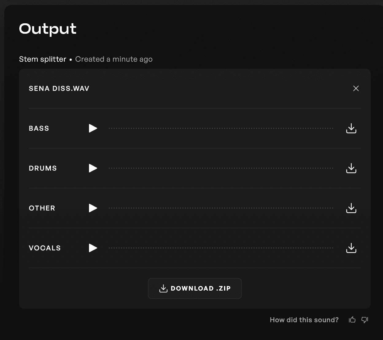 The Kits AI stem splitter file outputs