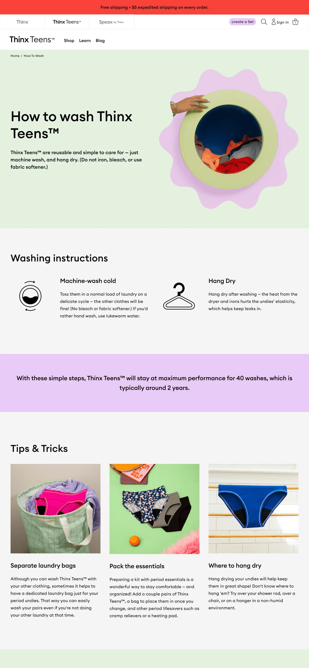 Thinx Teens Desktop 'How to Wash' Page