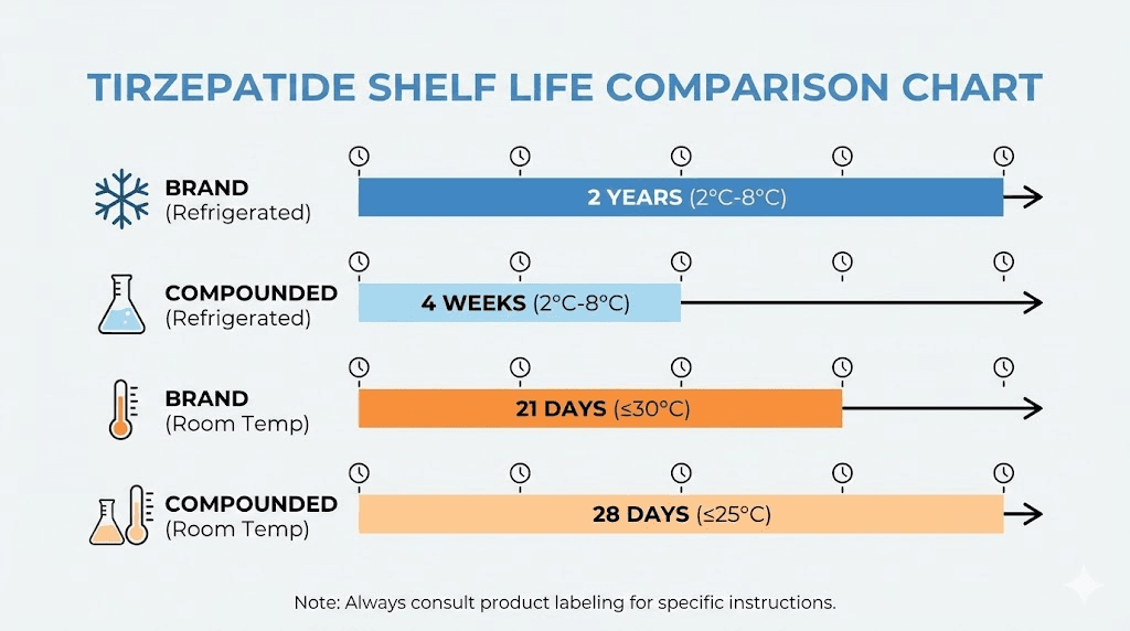 Tirzepatide shelf life comparison chart for different storage conditions