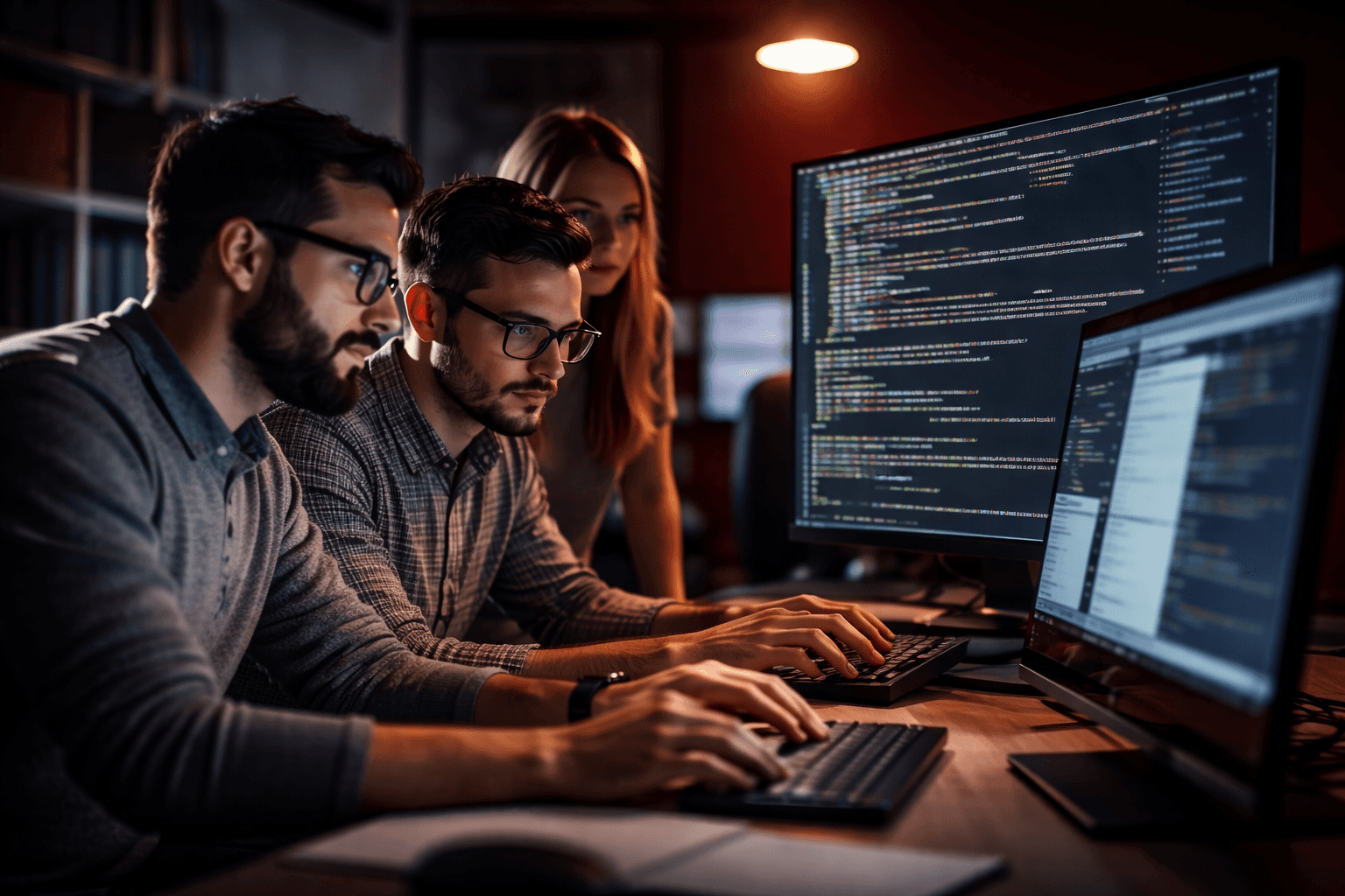 Developers coding a custom business website on multiple screens, illustrating professional web development services in Dubai.
