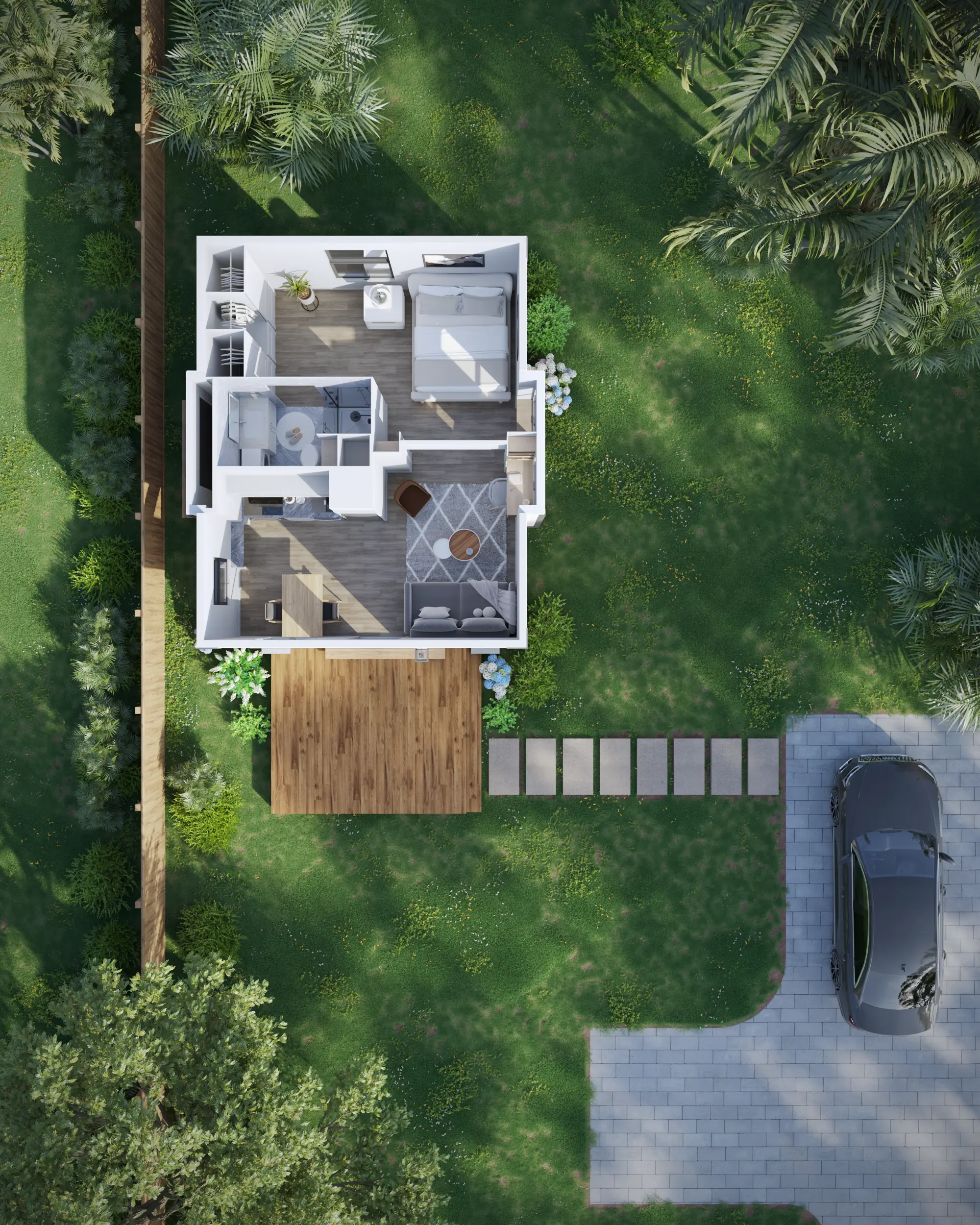 3D floor plan of Mesocore starter core — 428 square feet