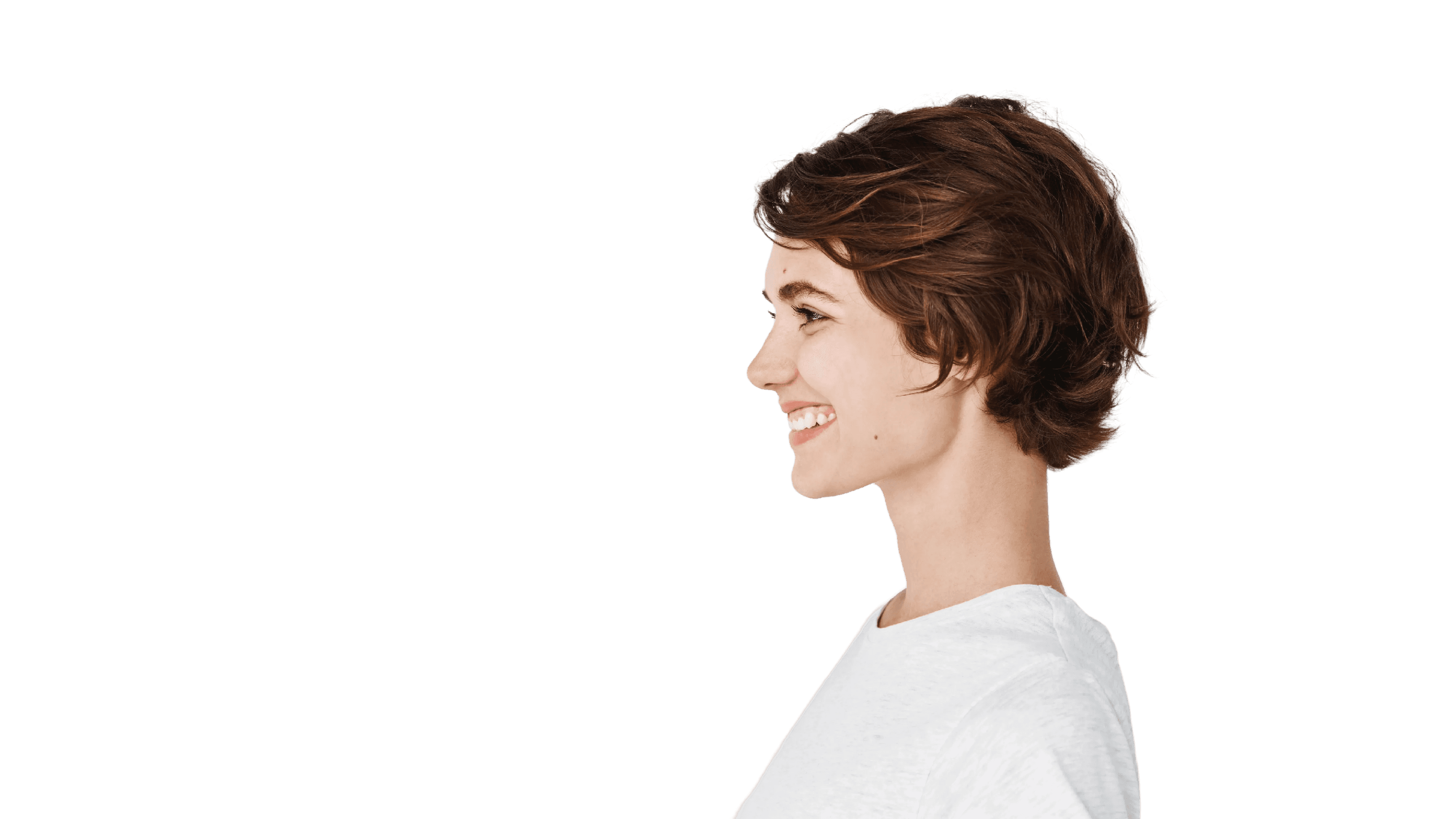 Smiling woman in profile with a happy expression.