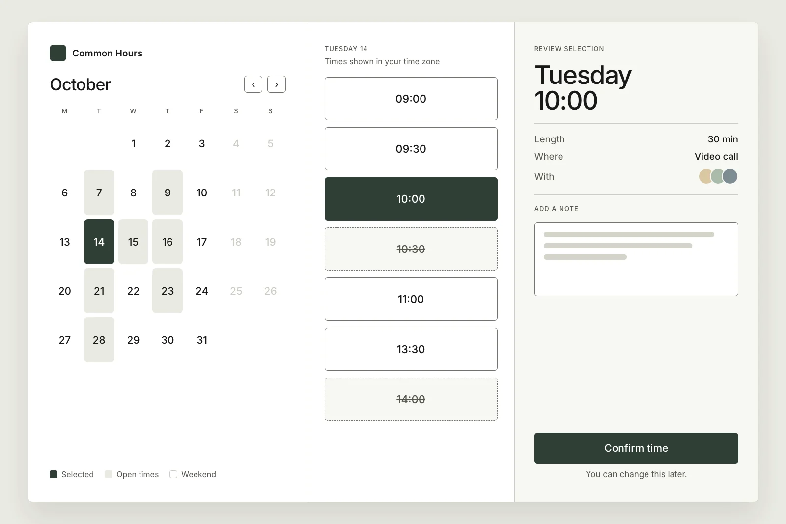 Common Hours scheduling screen with a month calendar, a list of times, and a review panel with a confirm button.