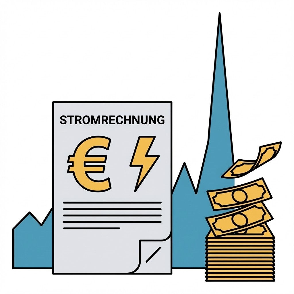 Grafik: Stromrechnung mit Euro- und Blitzsymbol vor steil ansteigender Kurve und einem Stapel Geldscheine.