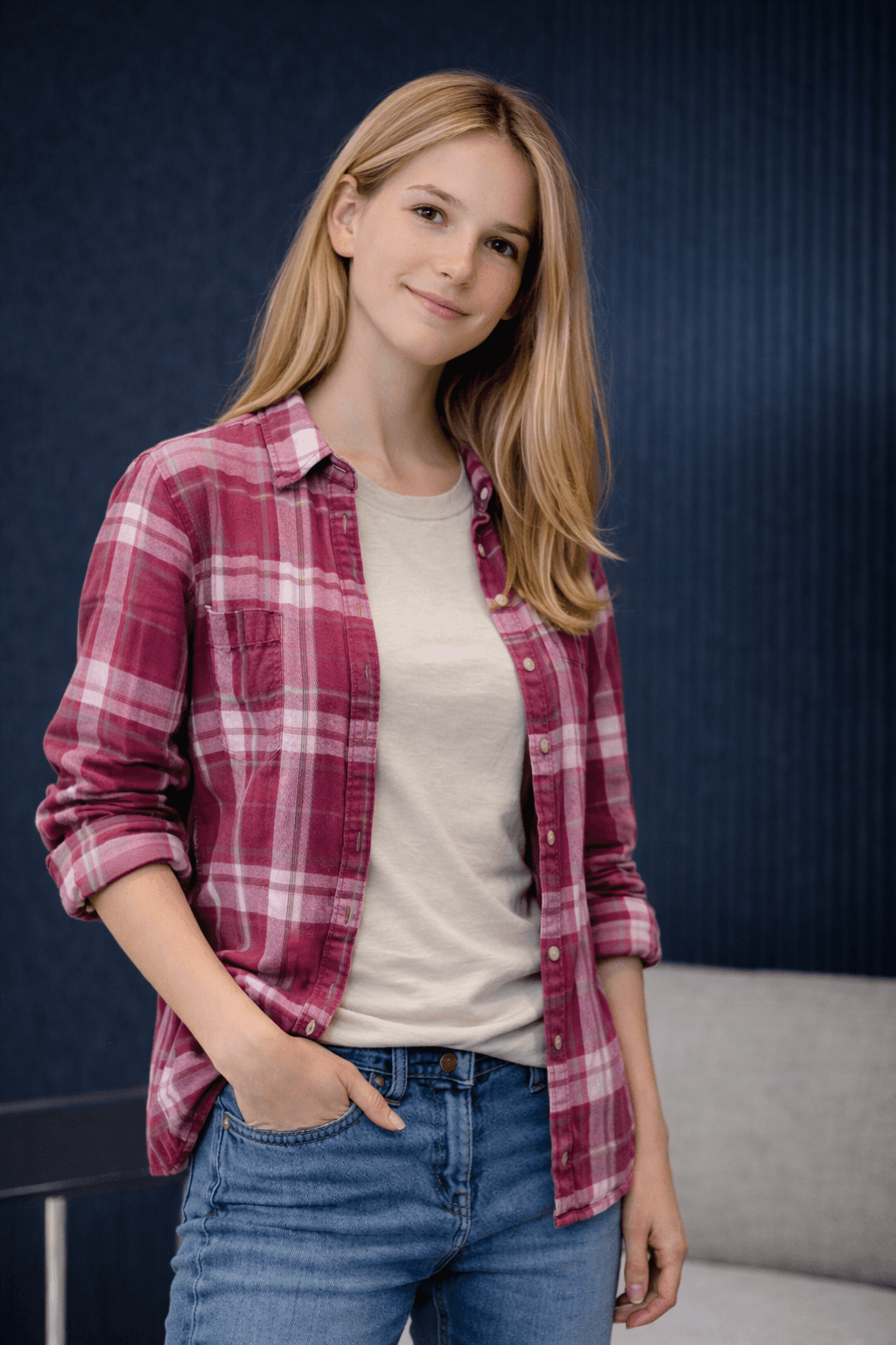 A smiling young man with crossed arms, wearing a plaid shirt and white t-shirt, poses against a dark background.