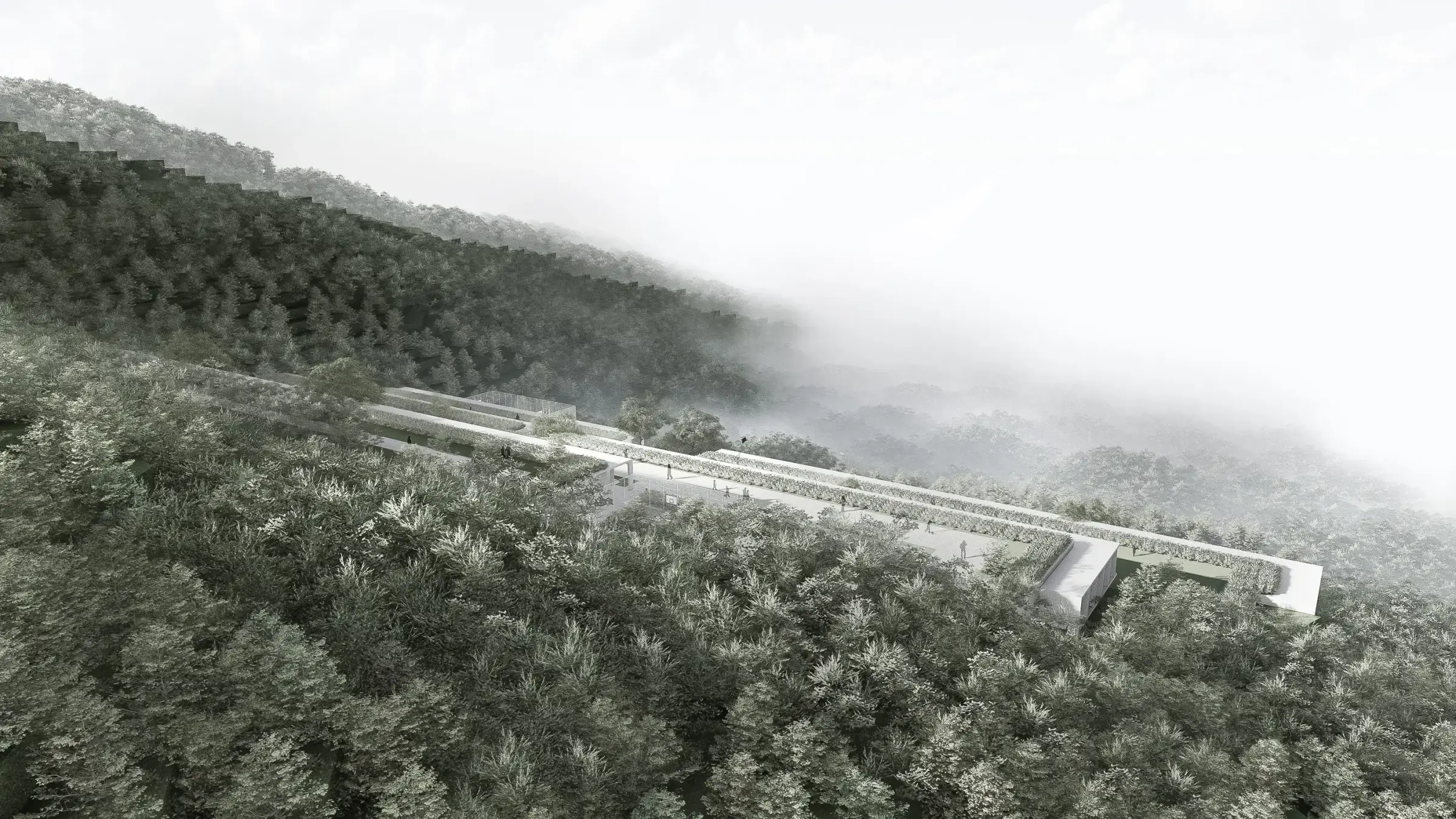 Sisli ormanlık yamaç ve yapının çatısı