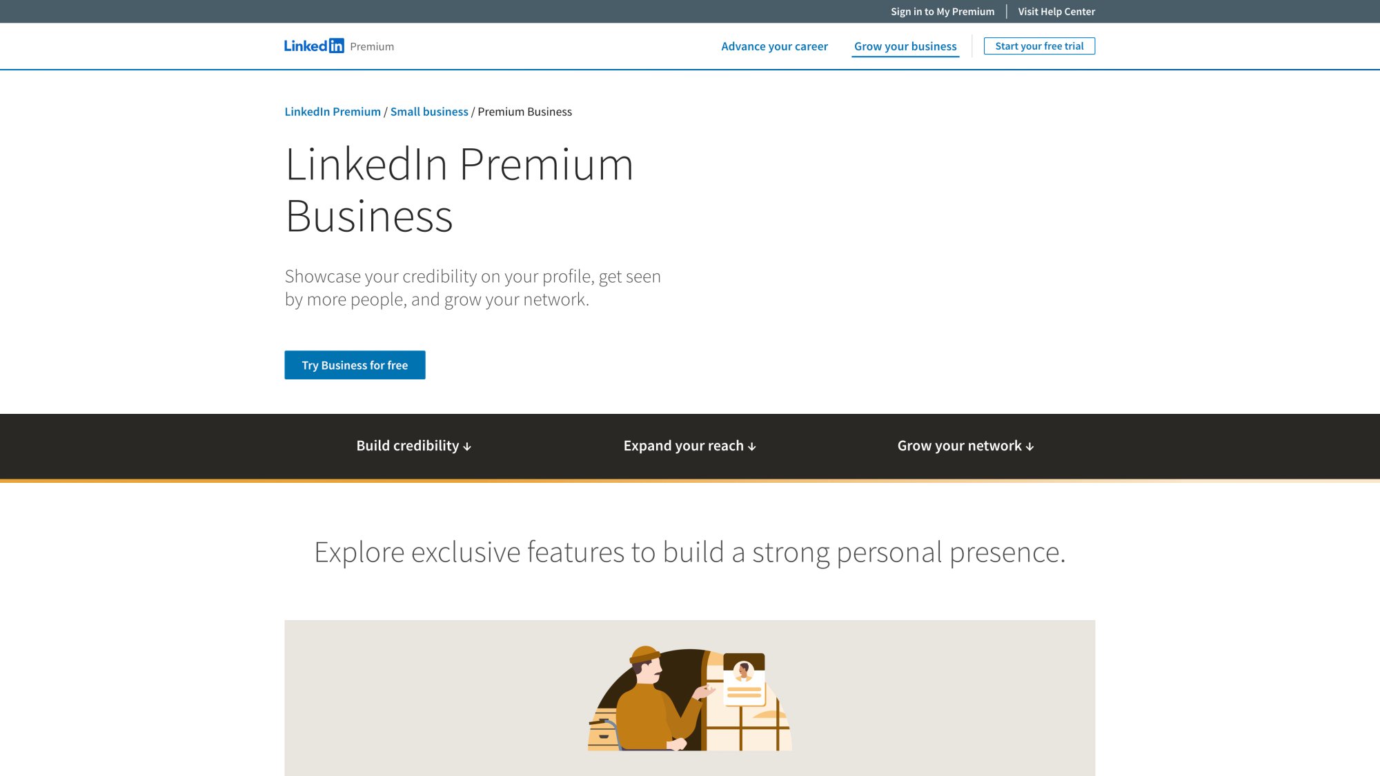 LinkedIn Premium Business landing page showing networking features, InMail credits, and professional development tools for small business owners and individual professionals