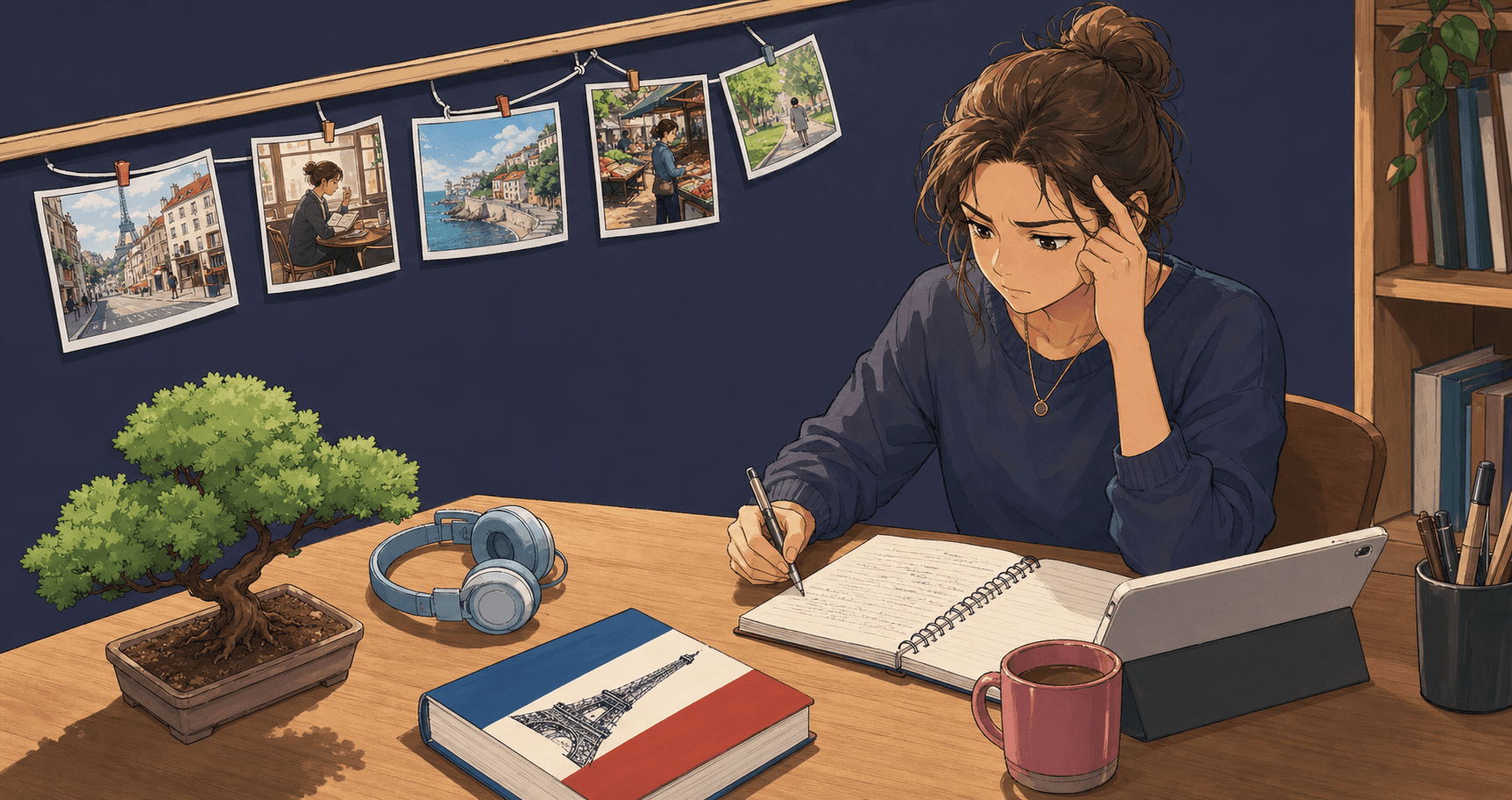 A focused adult learner sitting at a desk with a notebook, looking thoughtfully at French language materials, with visible concentration and slight frustration on their face. The scene shows language learning materials like a French grammar book and headphones nearby. Warm, natural lighting, realistic style, showing the mental effort of working through challenging pronunciation and grammar concepts.