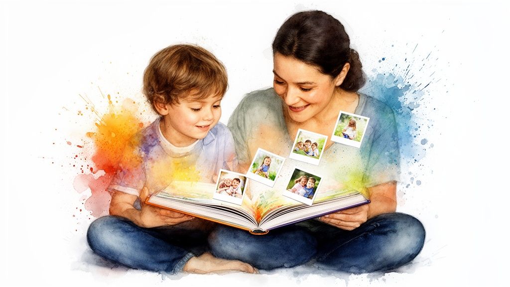 Mother and child smiling, looking at an open memory book with photos floating above it.