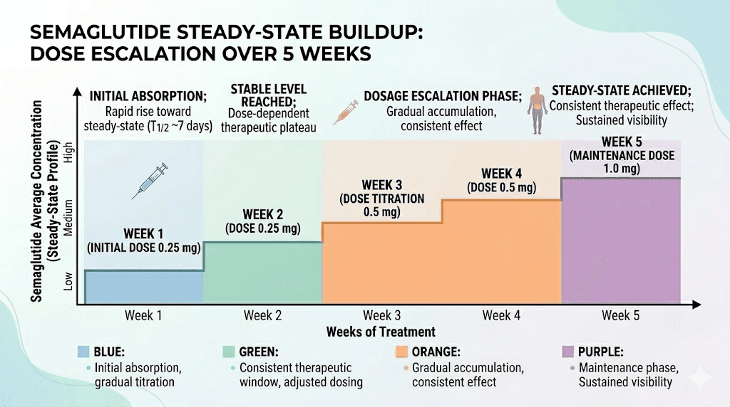 Semaglutide steady state concentration buildup over weekly doses