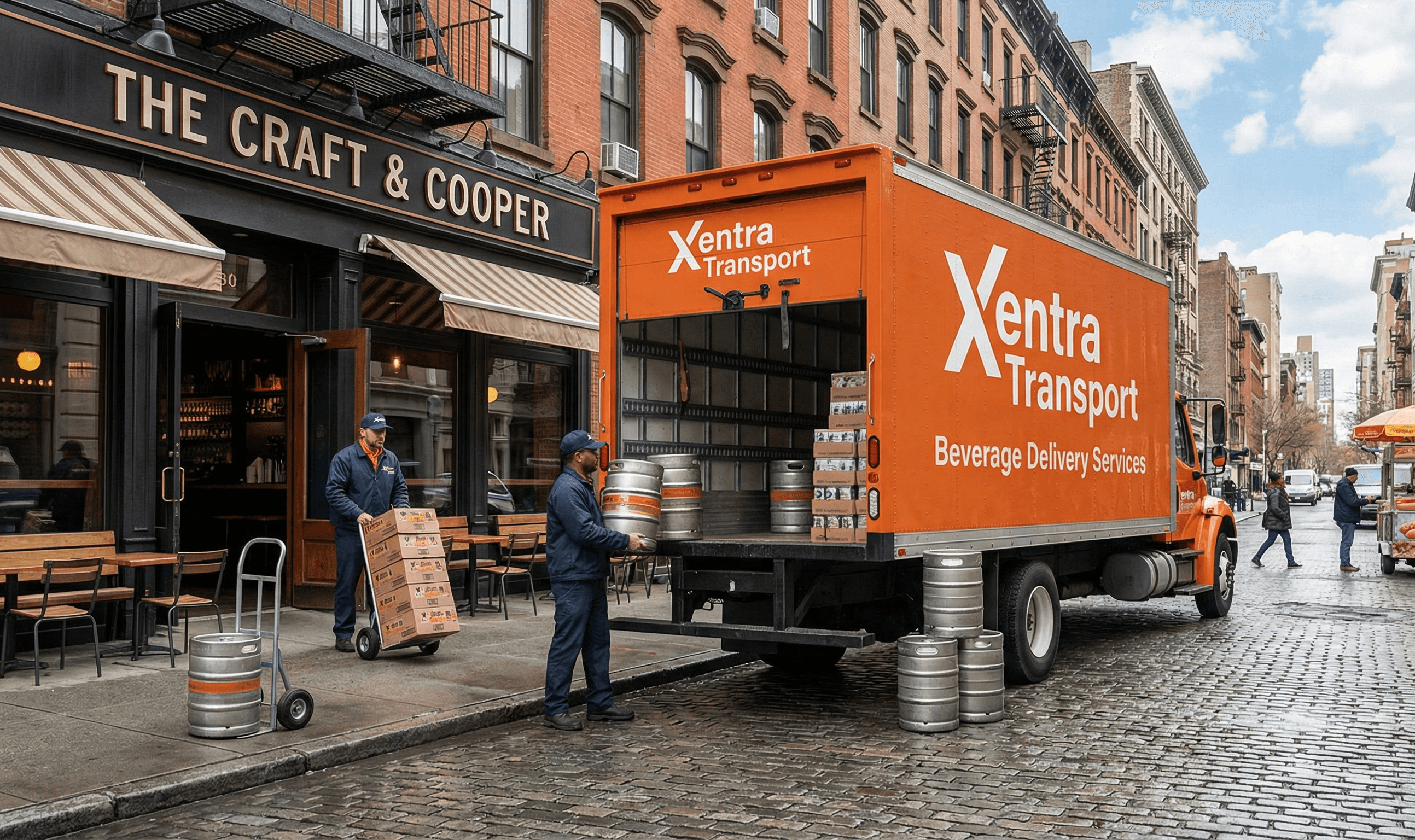 beverage distribution truck delivering cases in NYC