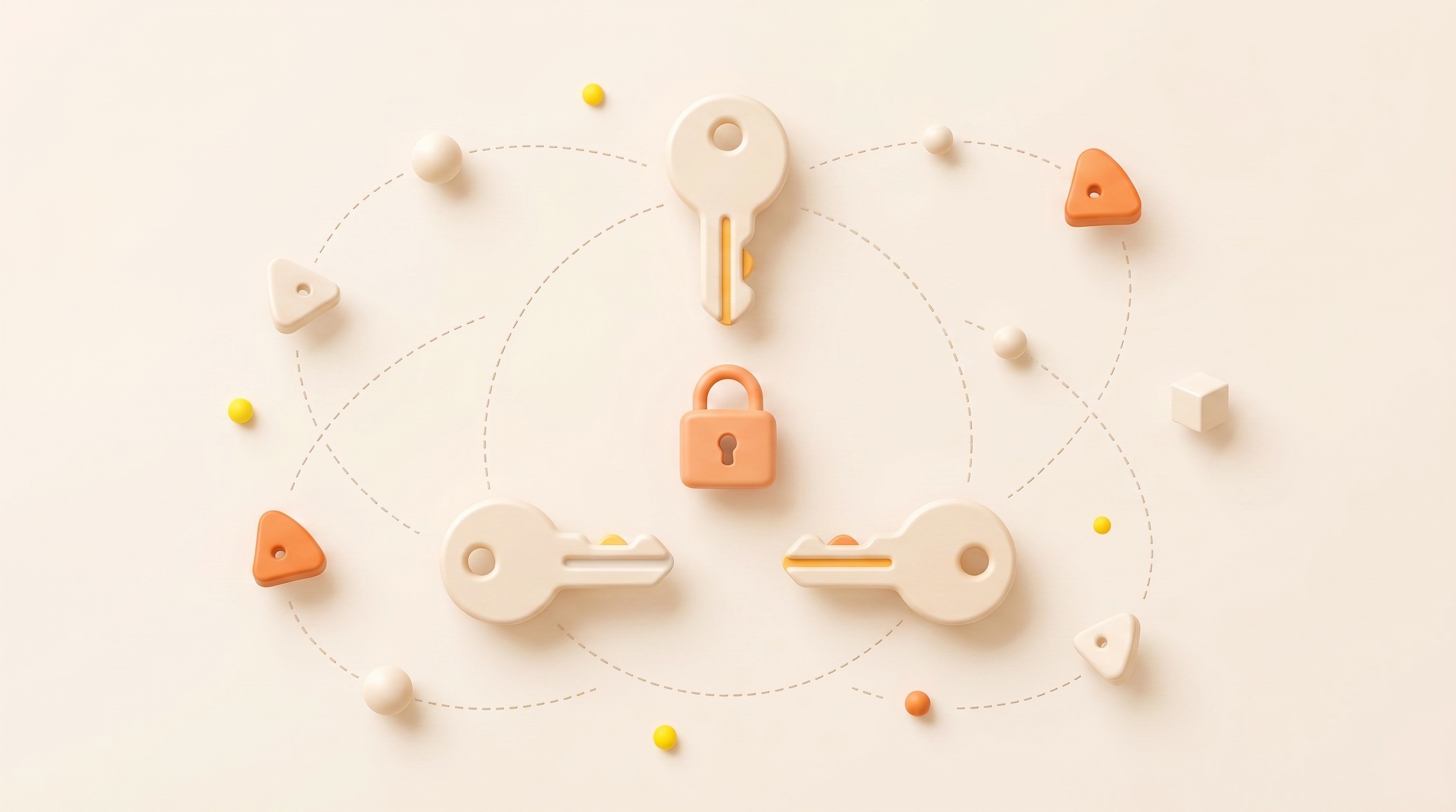 Illustration of a 2-of-3 Bitcoin multisignature wallet showing three keys arranged around a central padlock, connected by dashed lines, representing collaborative custody