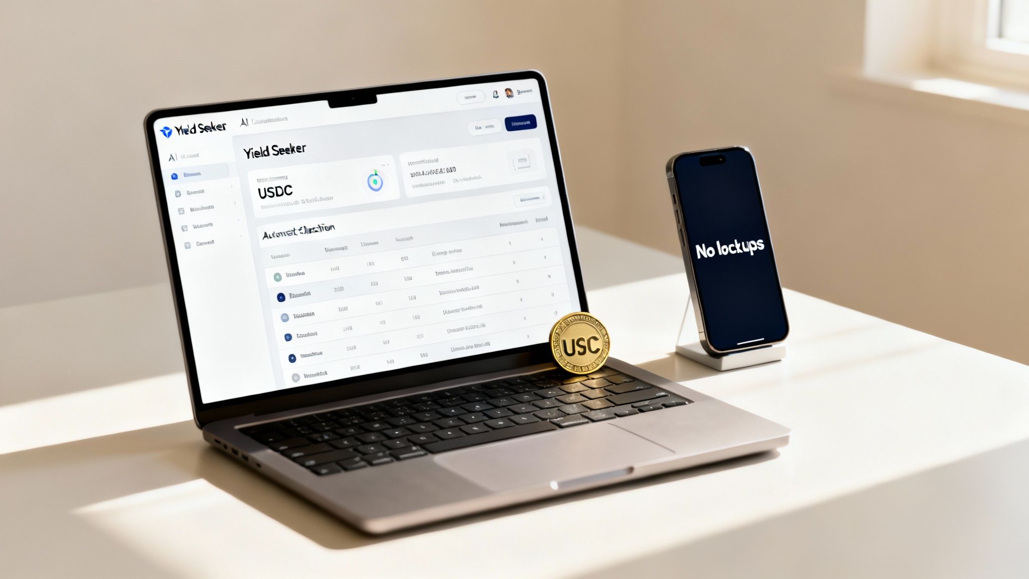 A laptop displays 'Yield Seeker' crypto platform with USDC, a USC coin, and a phone shows 'No lockups'.