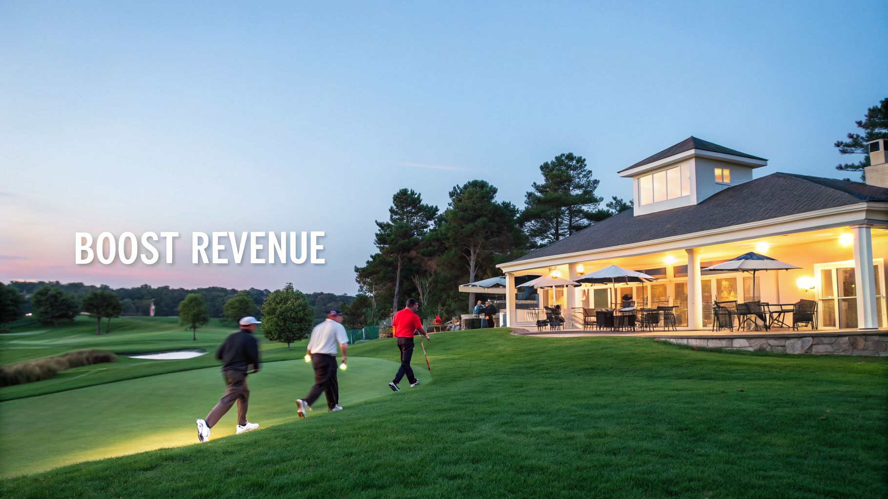 Three golfers walk on a twilight golf course towards an illuminated clubhouse with 'BOOST REVENUE' text.