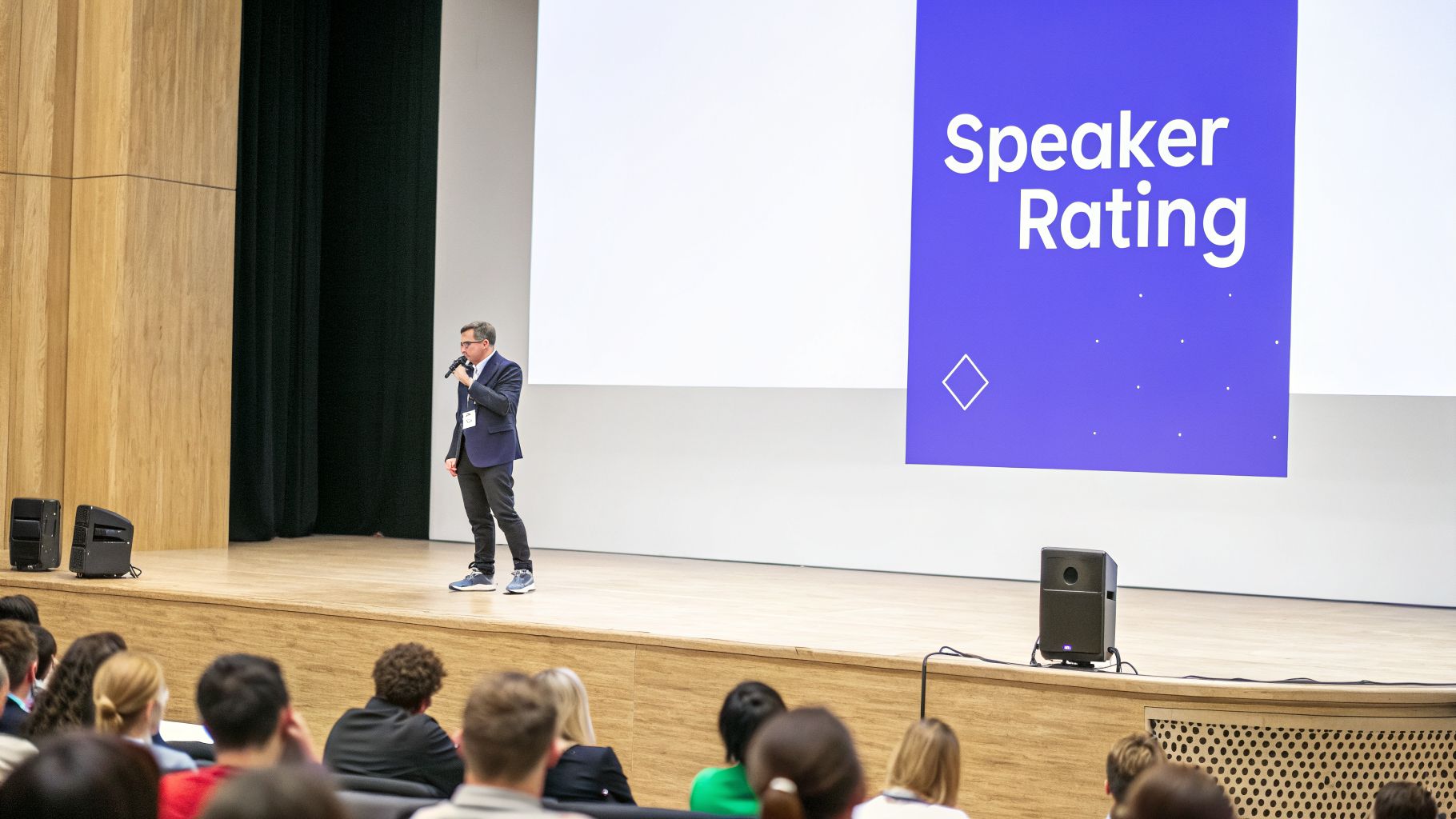 A speaker addresses an audience at an event, with 