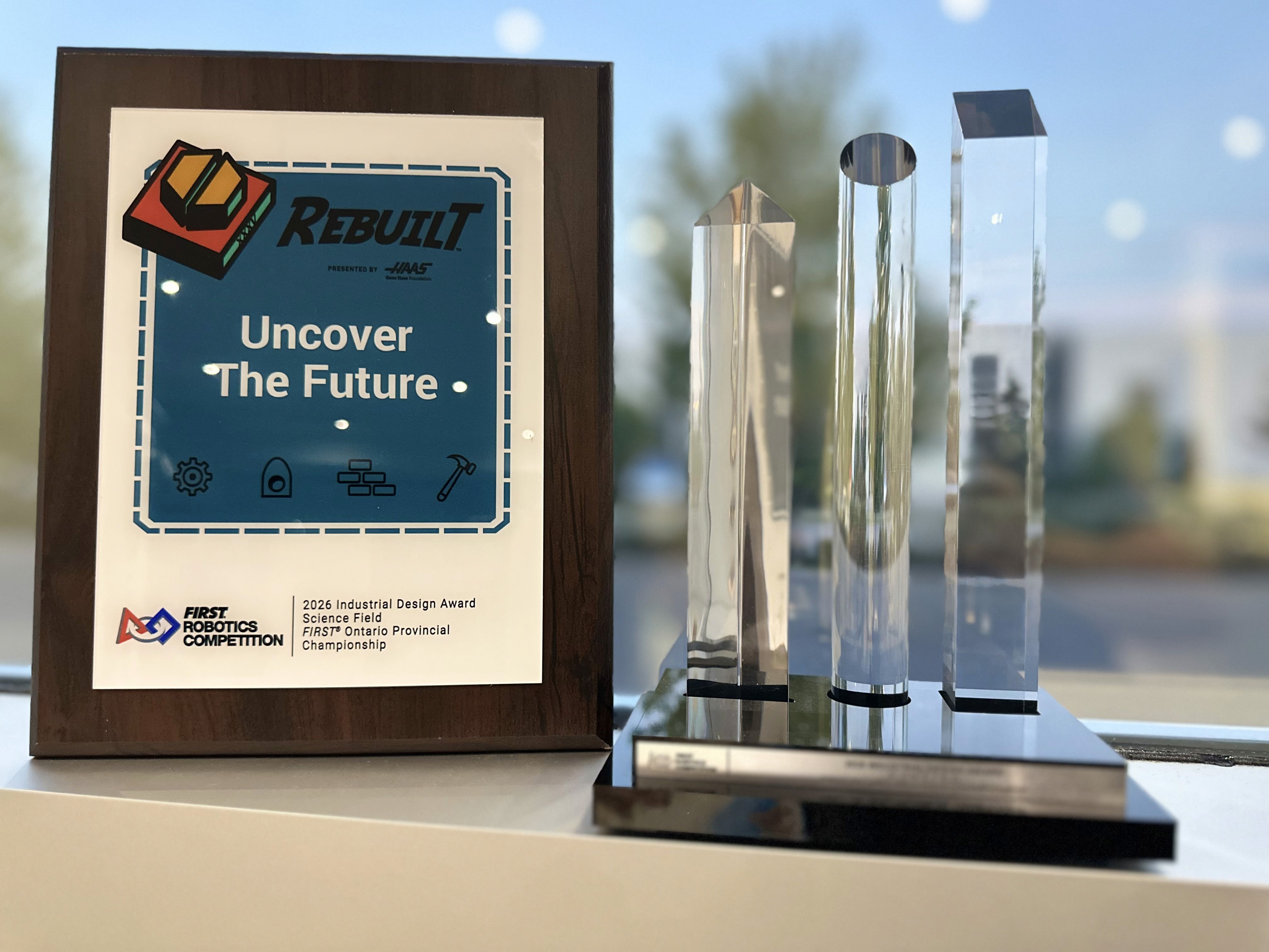 2026 FIRST Ontario Provincial Championship Industrial Design Award plaque and trophy won by Team 10015 Bubbles