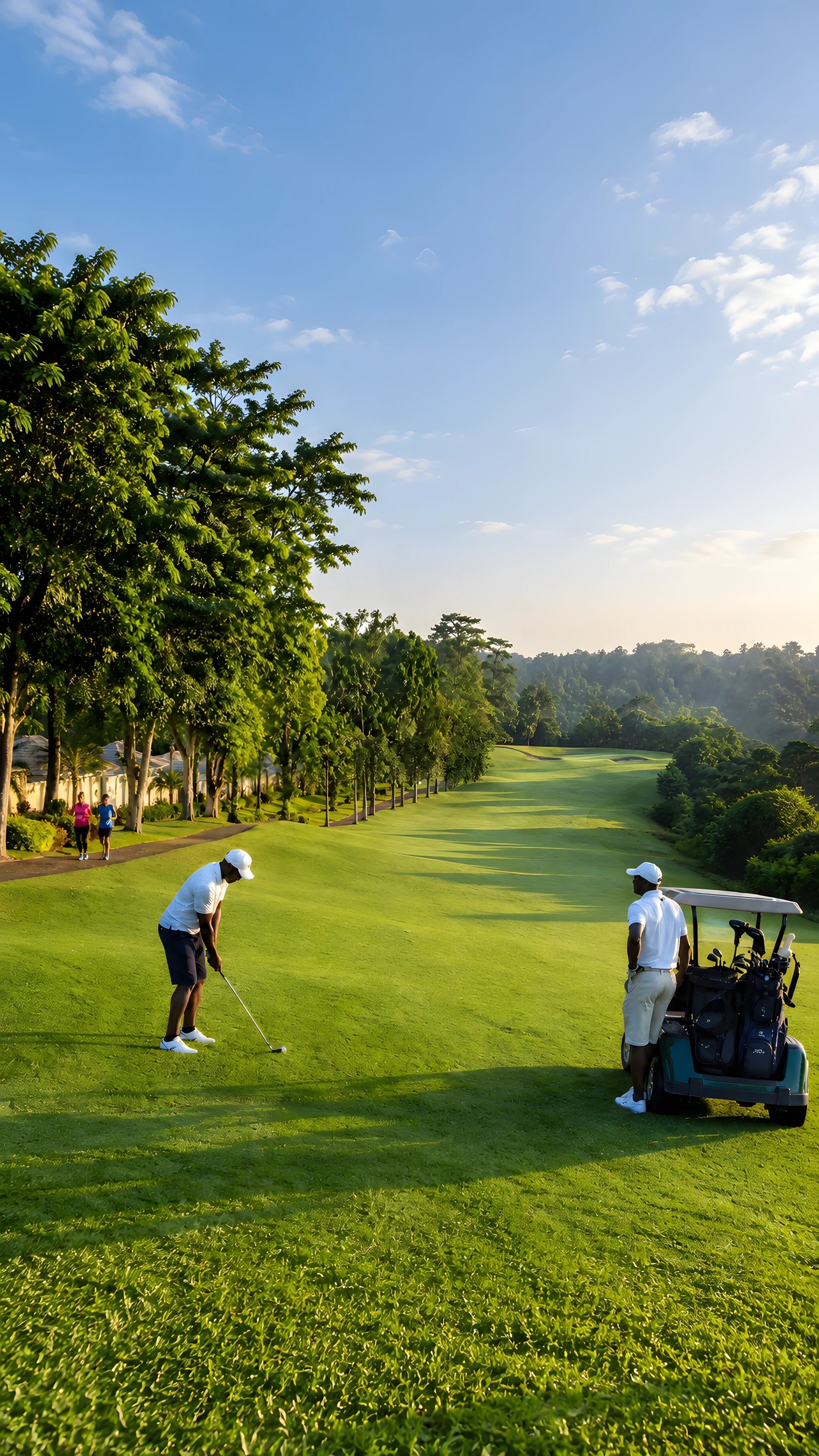 	Rendered golf fairway at sunrise with two players and a cart, bordered by mature trees and tropical forest