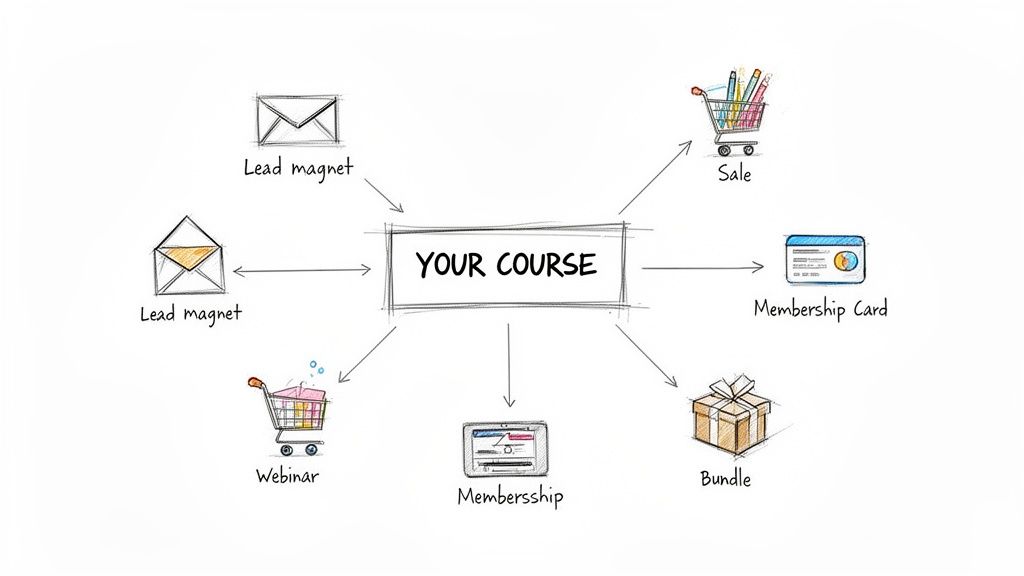 Mind map illustrating various marketing and sales strategies for 'Your Course', including lead magnets, webinars, membership, and bundles.