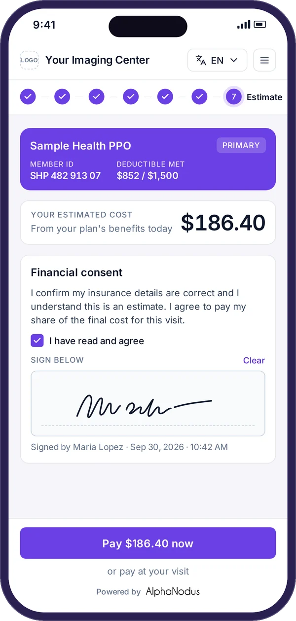 Gravity Visit on a phone: the patient’s estimated cost, a signed financial consent and a Pay now button