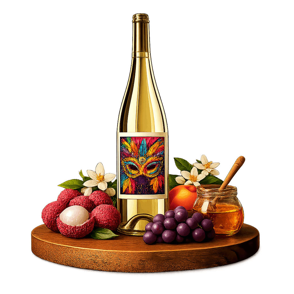 Artistic label and flavor profile for Brazilian Moscato on a rustic wooden table.